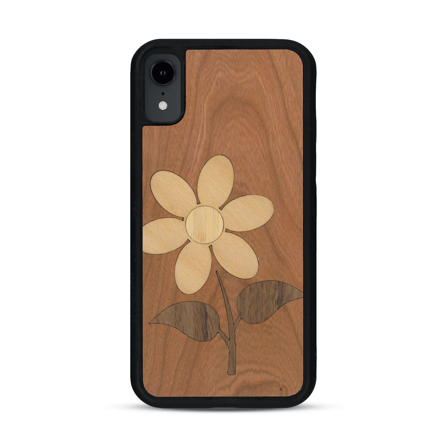 Coque de protection en bois véritable fabriquée en France pour  alliant plusieurs essences de bois pour représenter une marguerite