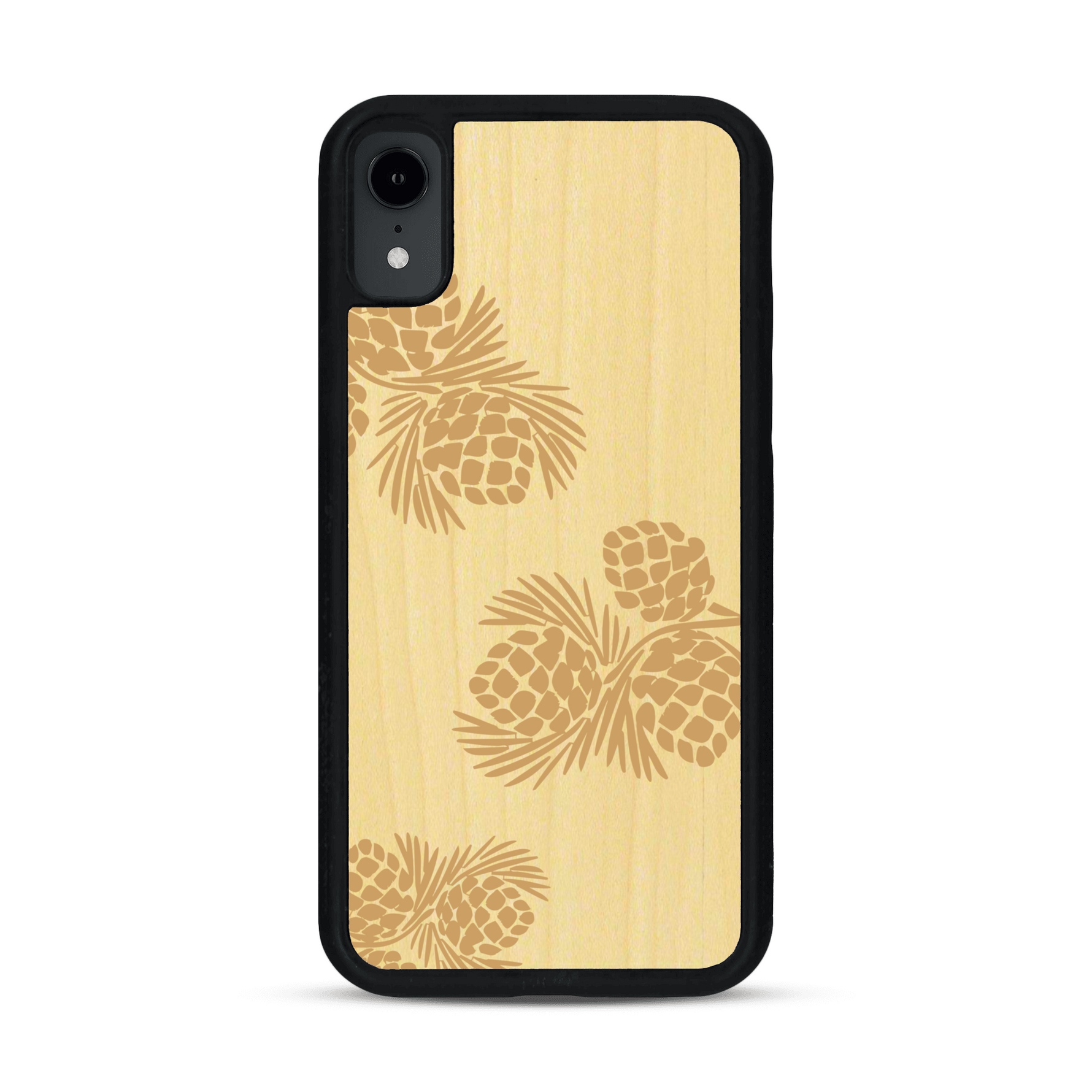 Coque de protection en bois véritable fabriquée en France pour  sur le thème de la nature des arbres avec un motif de gravure représentant des épines de sapin et des pommes de pin