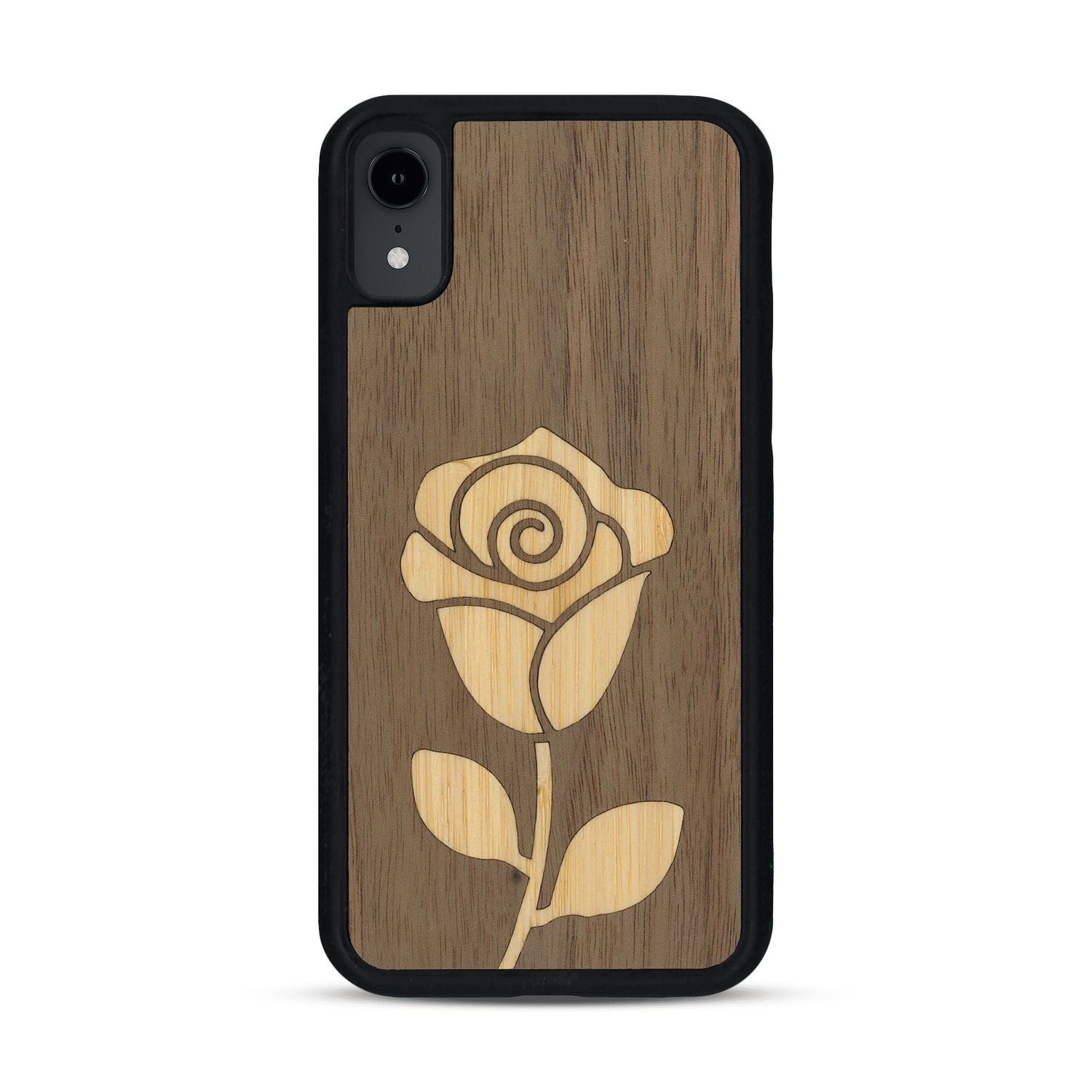Coque de protection en bois véritable fabriquée en France pour  alliant plusieurs essences de bois pour représenter une rose