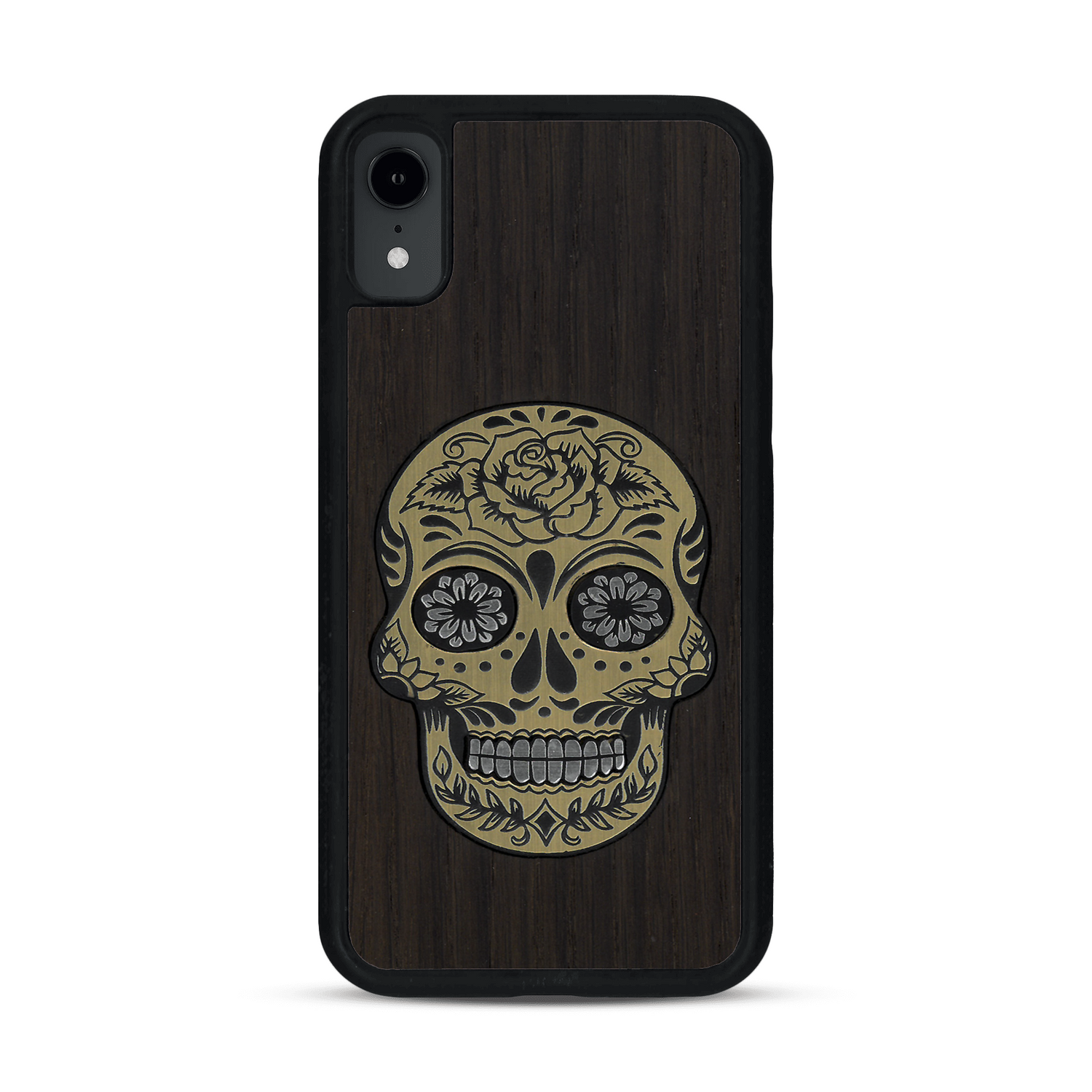 Coque de protection en bois véritable fabriquée en France pour  alliant du chêne fumé avec du métal argenté et doré représentant une tête de mort mexicaine sur le thème Dia de los Muertos