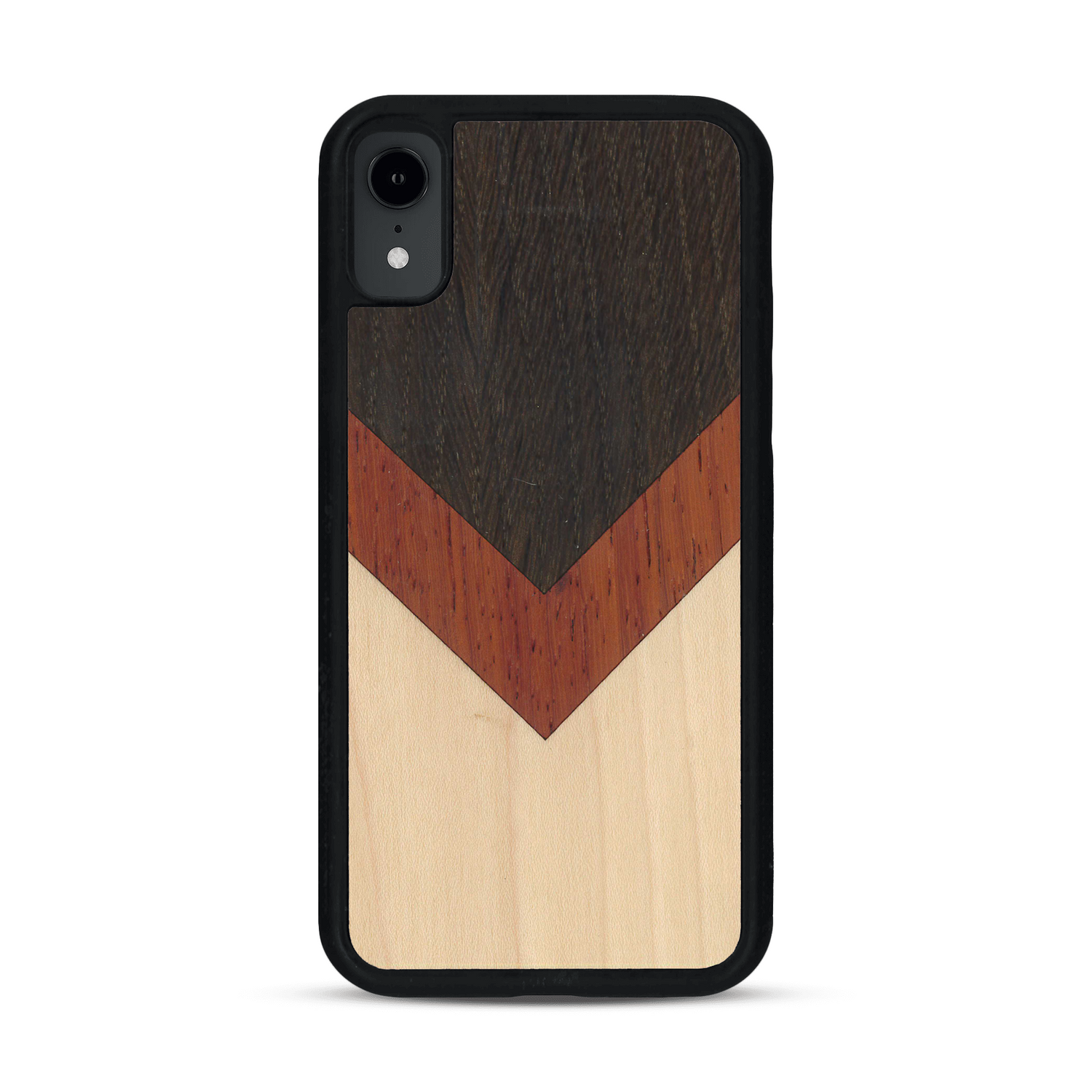 Coque de protection en bois véritable fabriquée en France pour  alliant du chêne fumé, du padouk et du bambou en forme de chevron sur le thème de l'art abstrait