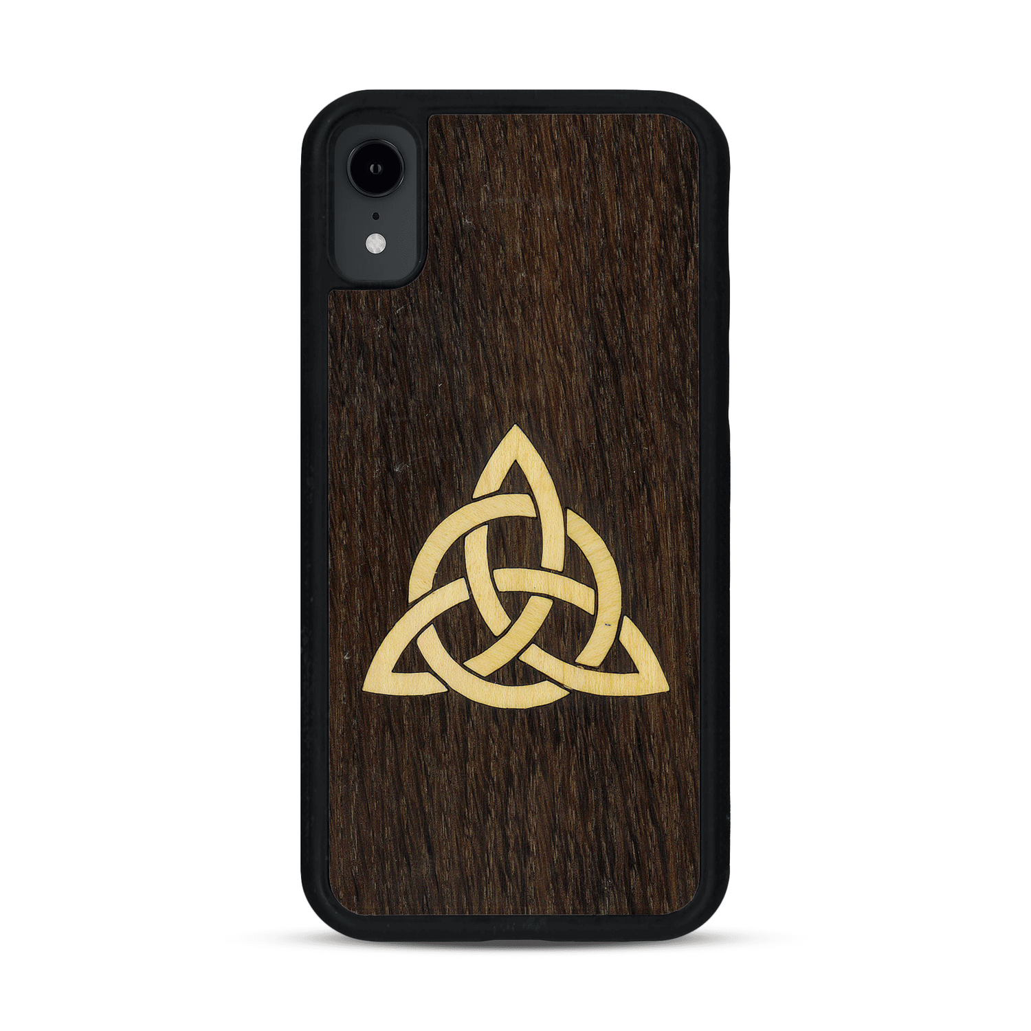 Coque de protection en bois véritable fabriquée en France pour  alliant du chêne fumé et du bambou représentant une triquetra