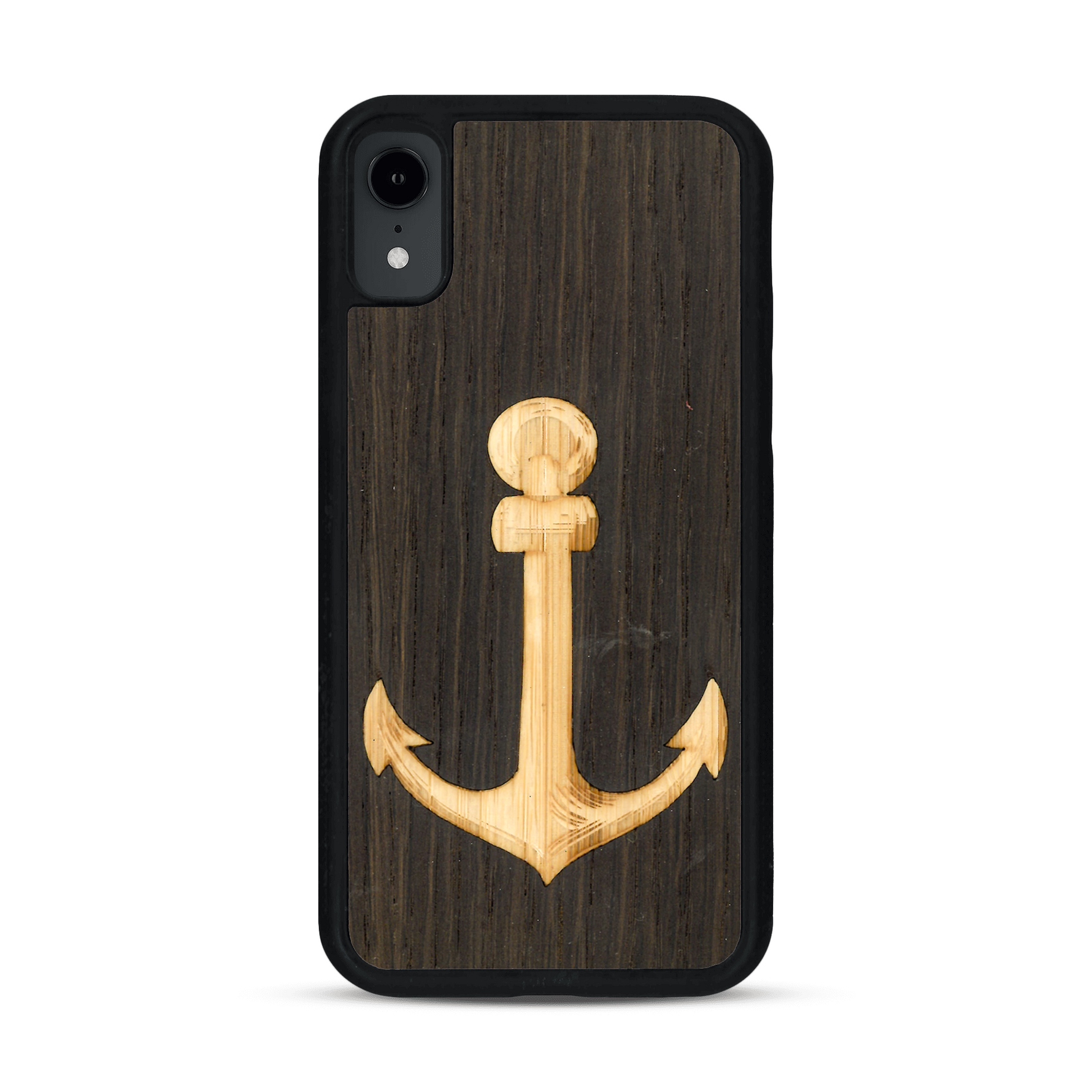 Coque de protection en bois véritable fabriquée en France pour  sur le thème nautique avec un bois clair et un bois foncé représentant une ancre de bateau
