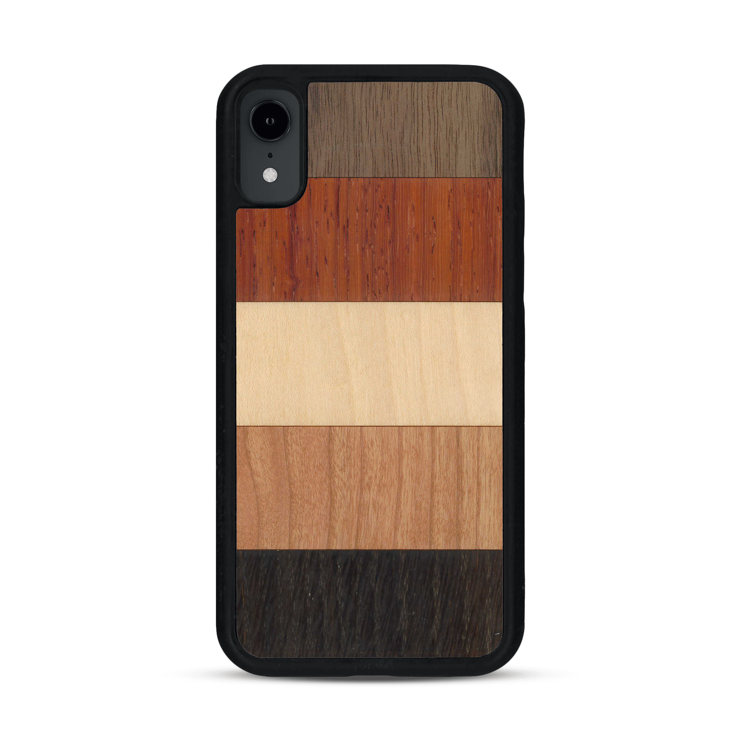 Coque de protection en bois véritable fabriquée en France pour  alliant des bandes horizontales de bambou, merisier, padouk, noyer et chêne fumé