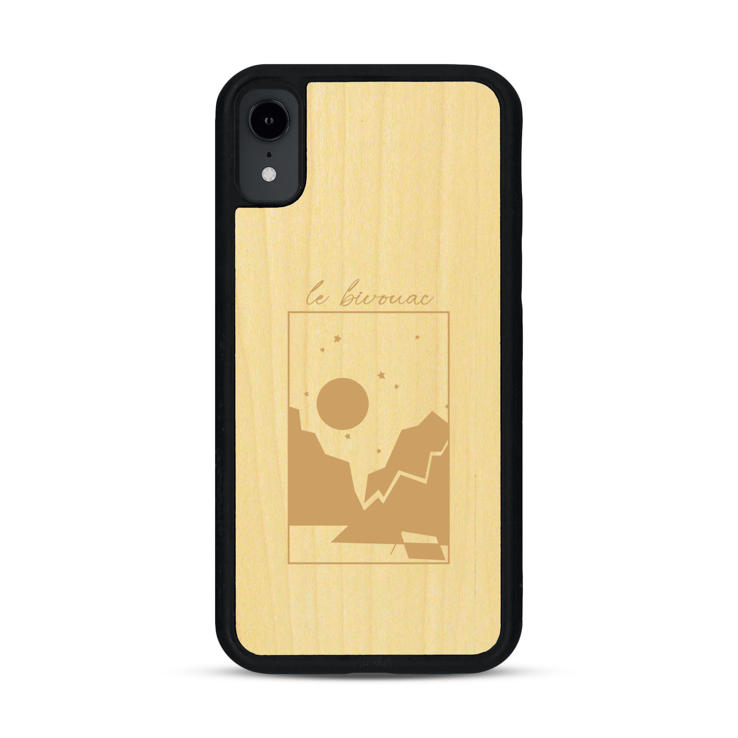 Coque de protection en bois véritable fabriquée en France pour  sur le thème du camping en pleine nature et du bivouac avec la phrase "Aventure is out there"