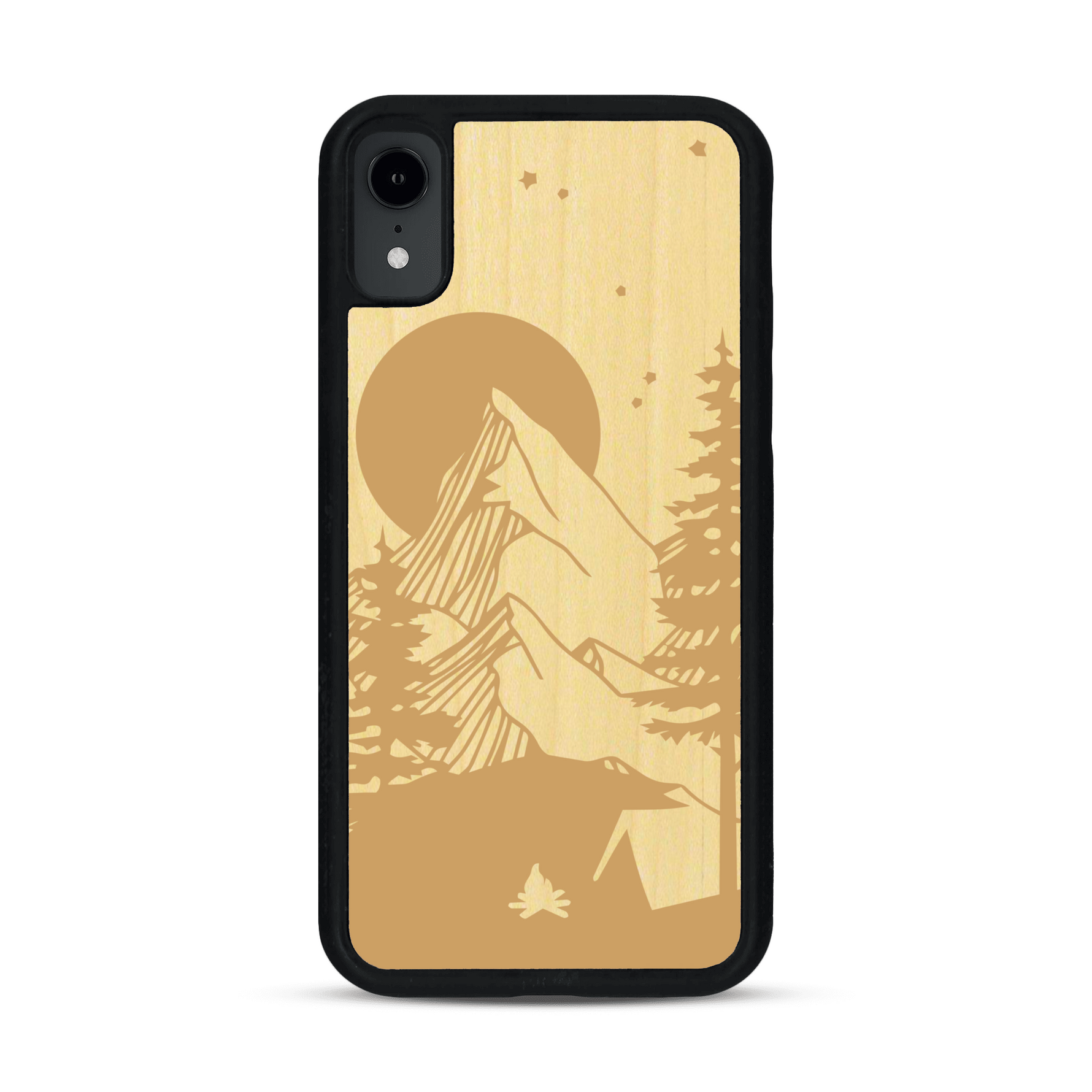 Coque de protection en bois véritable fabriquée en France pour  sur le thème du camping en pleine nature représentant une tente avec un feu de camp entouré de montagnes