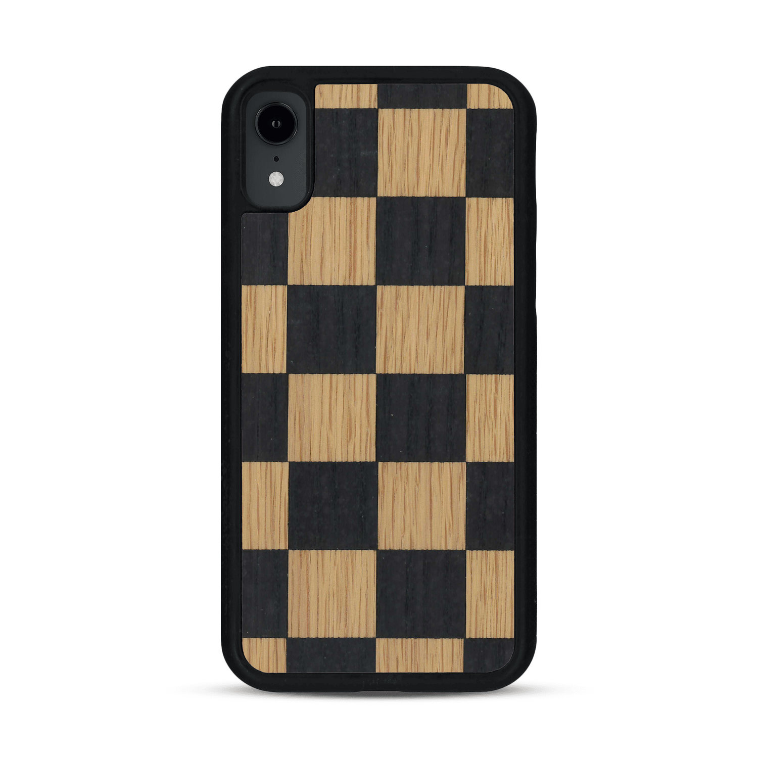 Coque de protection en bois véritable fabriquée en France pour  alliant plusieurs essences de bois pour représenter un damier