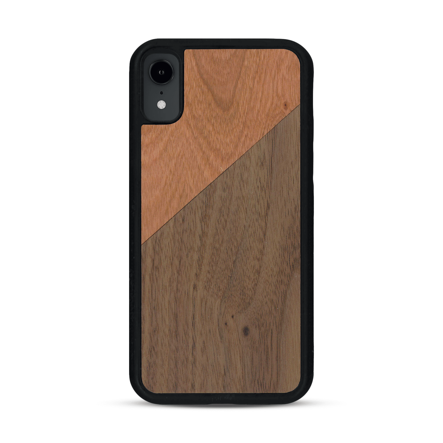 Coque de protection en bois véritable fabriquée en France pour  alliant du merisier et du noyer formant chacun un triangle avec une jointure en diagonale sur le thème de l'art abstrait