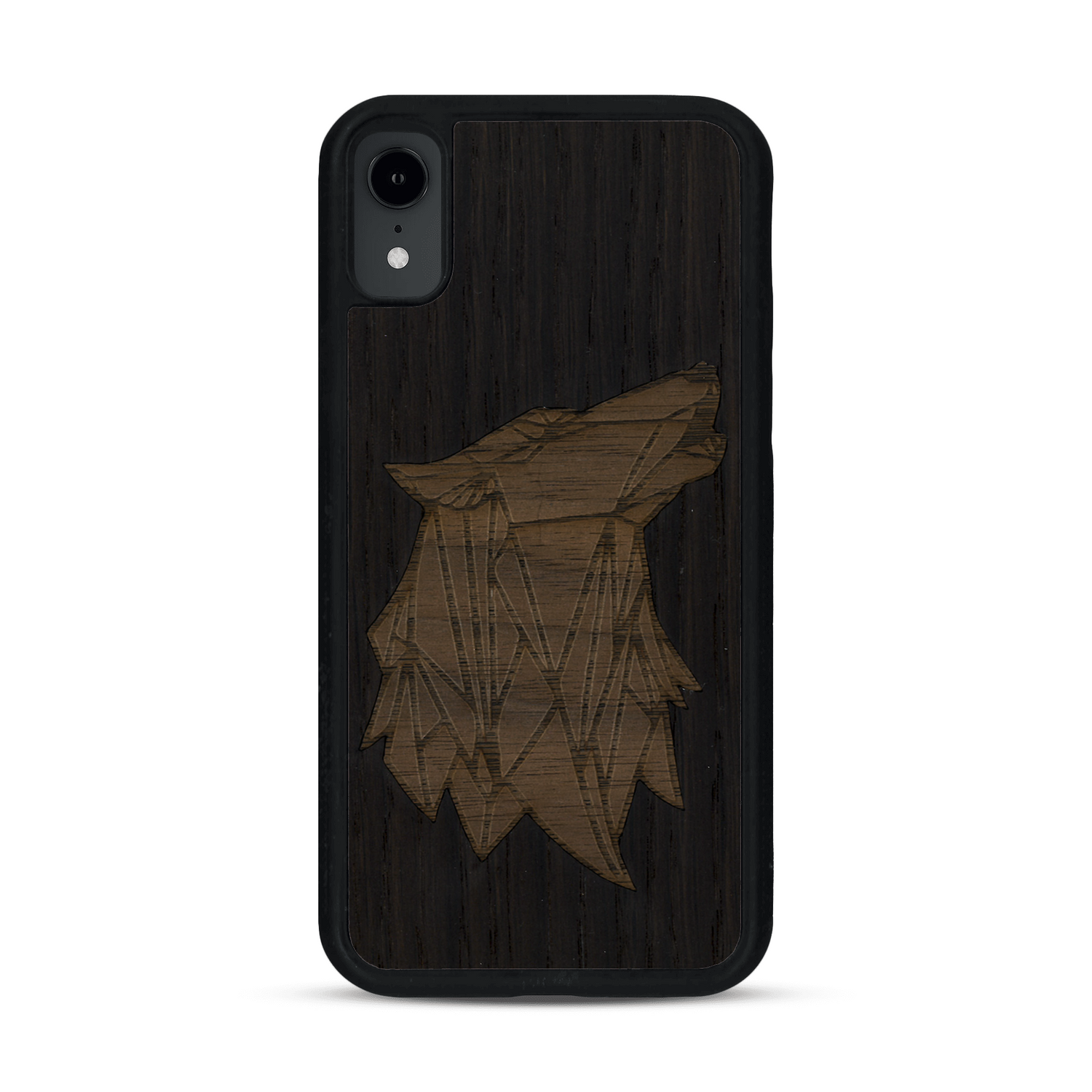 Coque de protection en bois véritable fabriquée en France pour  alliant du chêne fumé et du noyer représentant une tête de loup géométrique de profil sur le thème des animaux et de la nature