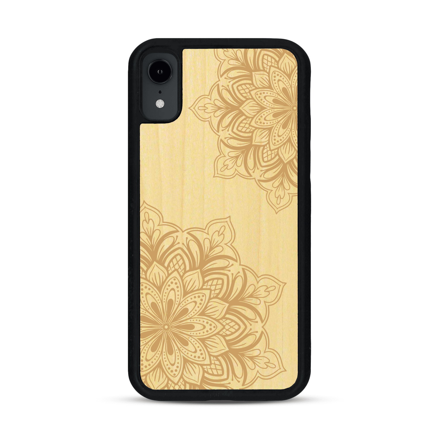 Coque de protection en bois véritable fabriquée en France pour  sur le thème de la bohème et du tatouage au henné avec une gravure représentant un mandala