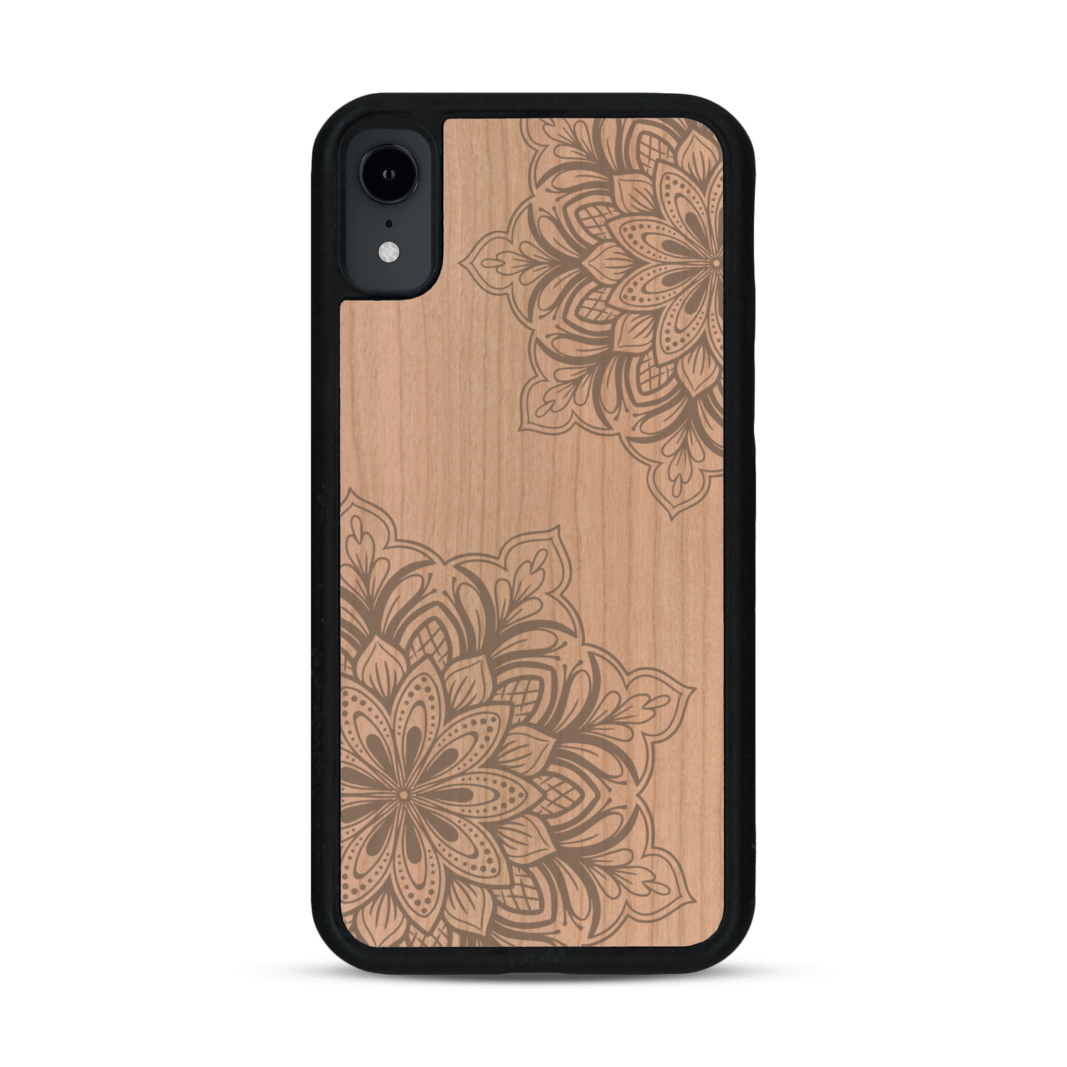 Coque de protection en bois véritable fabriquée en France pour  sur le thème de la bohème et du tatouage au henné avec une gravure représentant un mandala