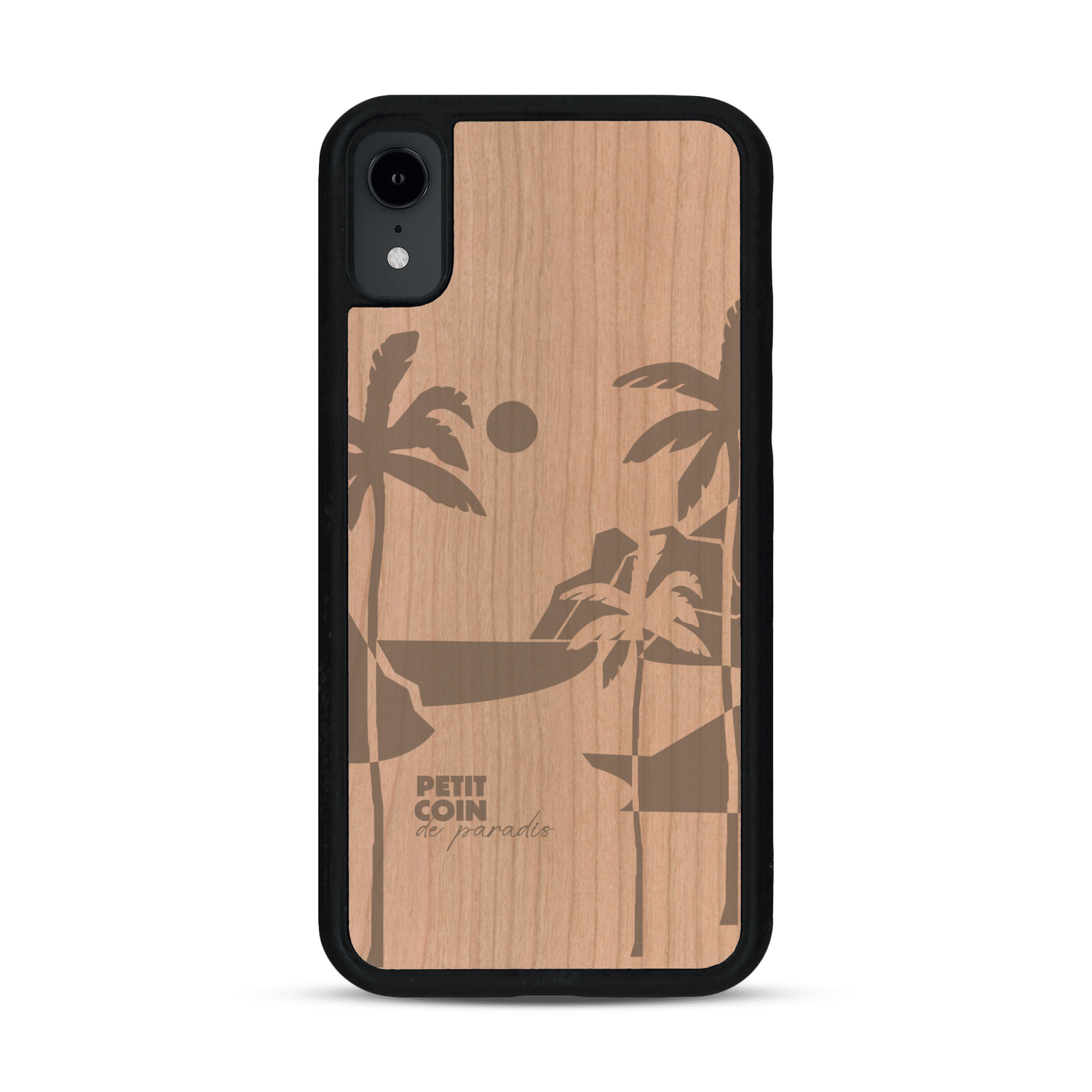 Coque de protection en bois véritable fabriquée en France pour  sur le thème des voyages en vans, vanlife et chill avec une gravure représentant un van vw combi devant le soleil couchant sur une plage avec des vagues