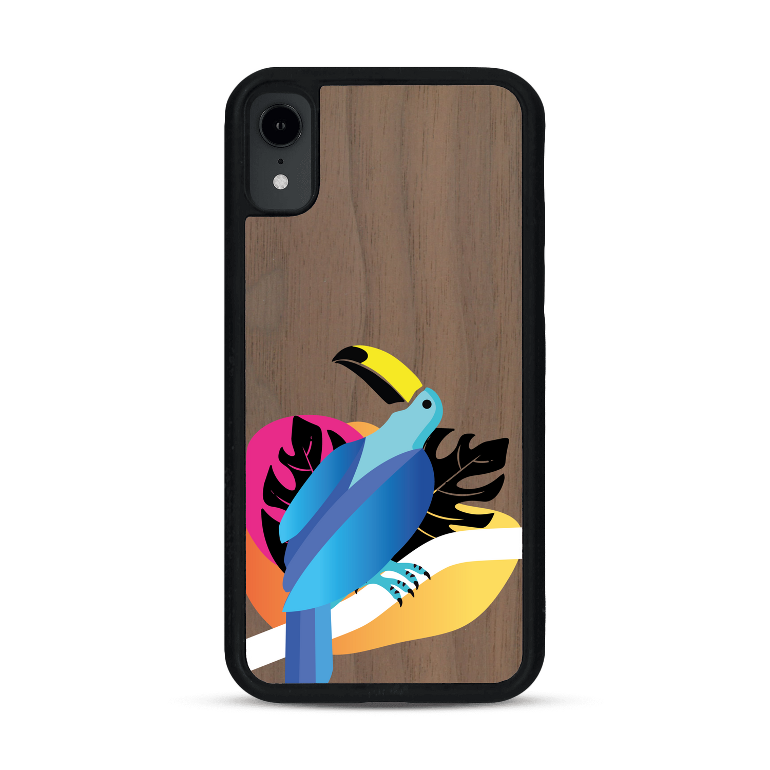 Coque de protection en bois véritable fabriquée en France pour iPhone XR représentant un toucan coloré avec un design moderne et minimaliste sur le thème de la jungle et de la nature