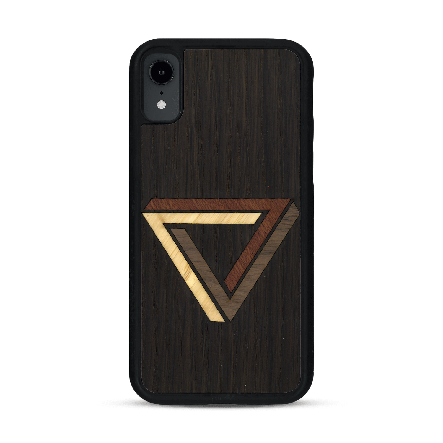 Coque de protection en bois véritable fabriquée en France pour  sur le thème de l'art géométrique qui allie du chêne fumé, du noyer, du bambou et du padouk représentant le triangle de penrose