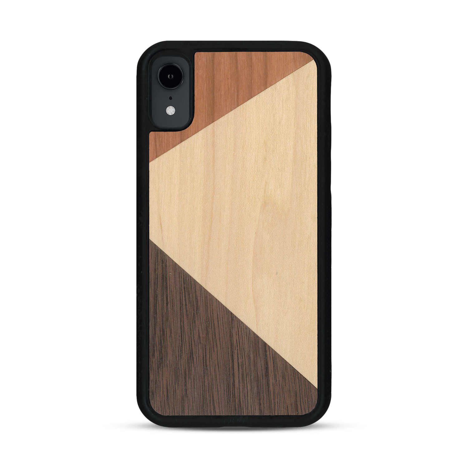 Coque de protection en bois véritable fabriquée en France pour  alliant du merisier, du noyer et du bambou formant chacun deux triangles et un trapèze avec deux jointures en diagonale sur le thème de l'art abstrait