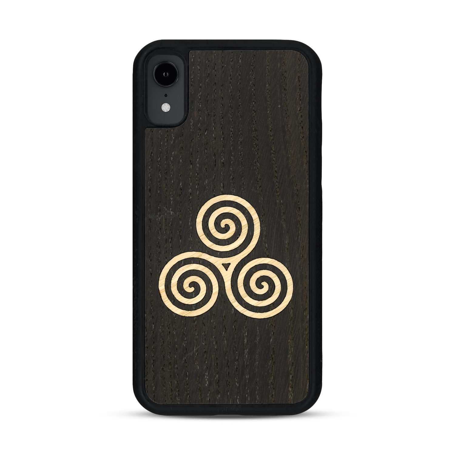 Coque de protection en bois véritable fabriquée en France pour  alliant du chêne fumé et du bambou et doré représentant un triskell