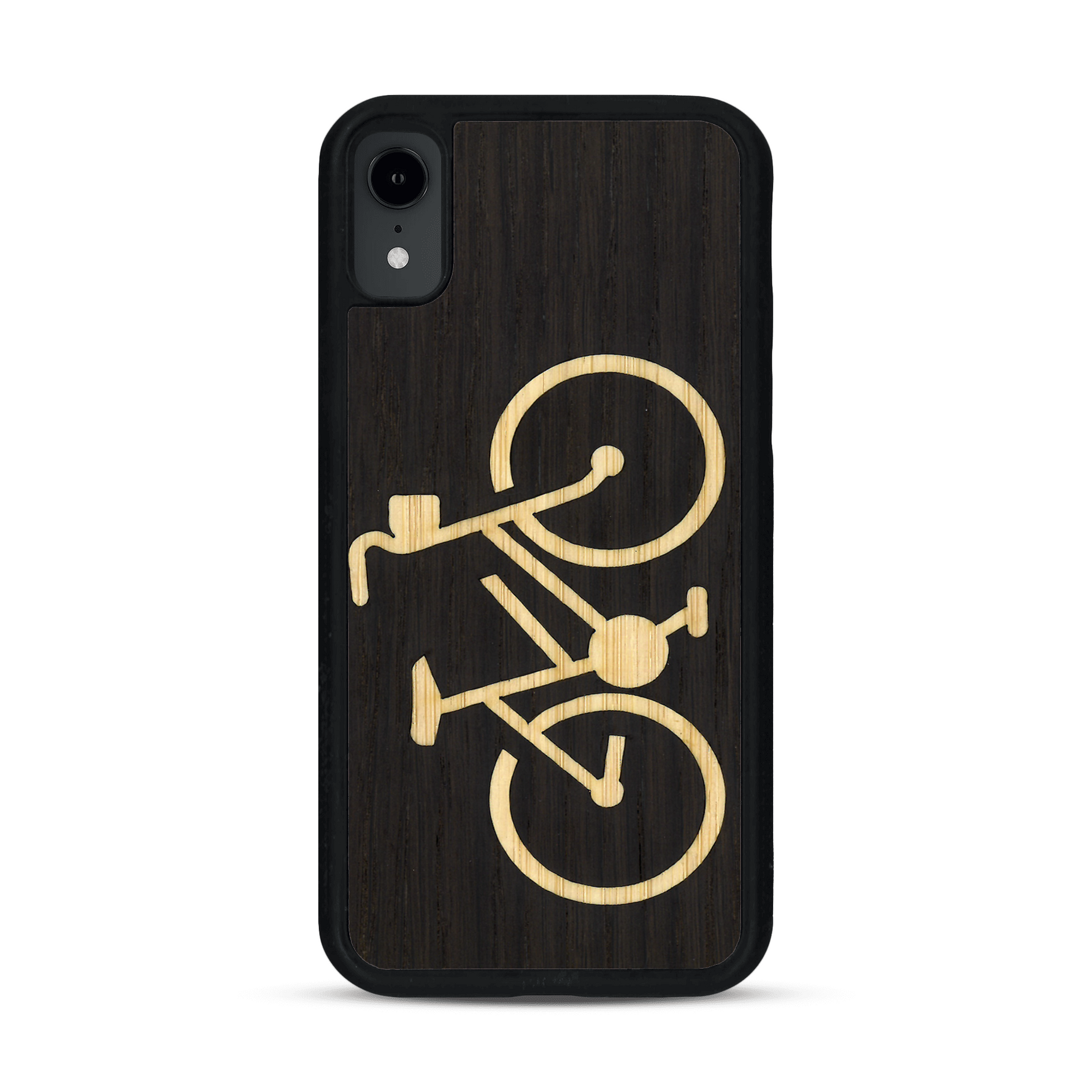 Coque de protection en bois véritable fabriquée en France pour  sur le theme du vélo et de l'outdoor qui allie du bambou et du chêne fumé représentant un vélo