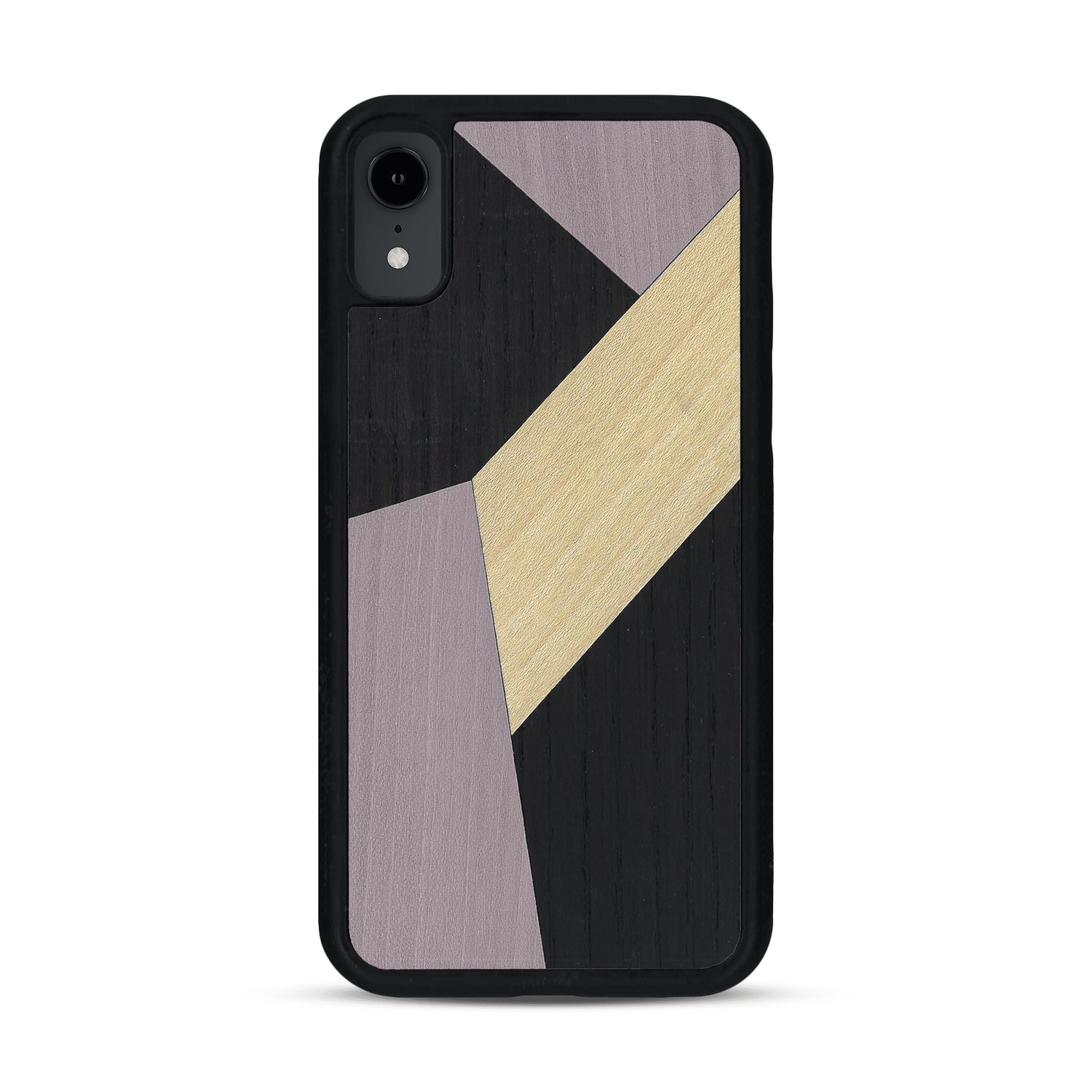 Coque de protection en bois véritable fabriquée en France pour  alliant du bambou, du tulipier mauve et noir en forme de mosaïque minimaliste sur le thème de l'art abstrait