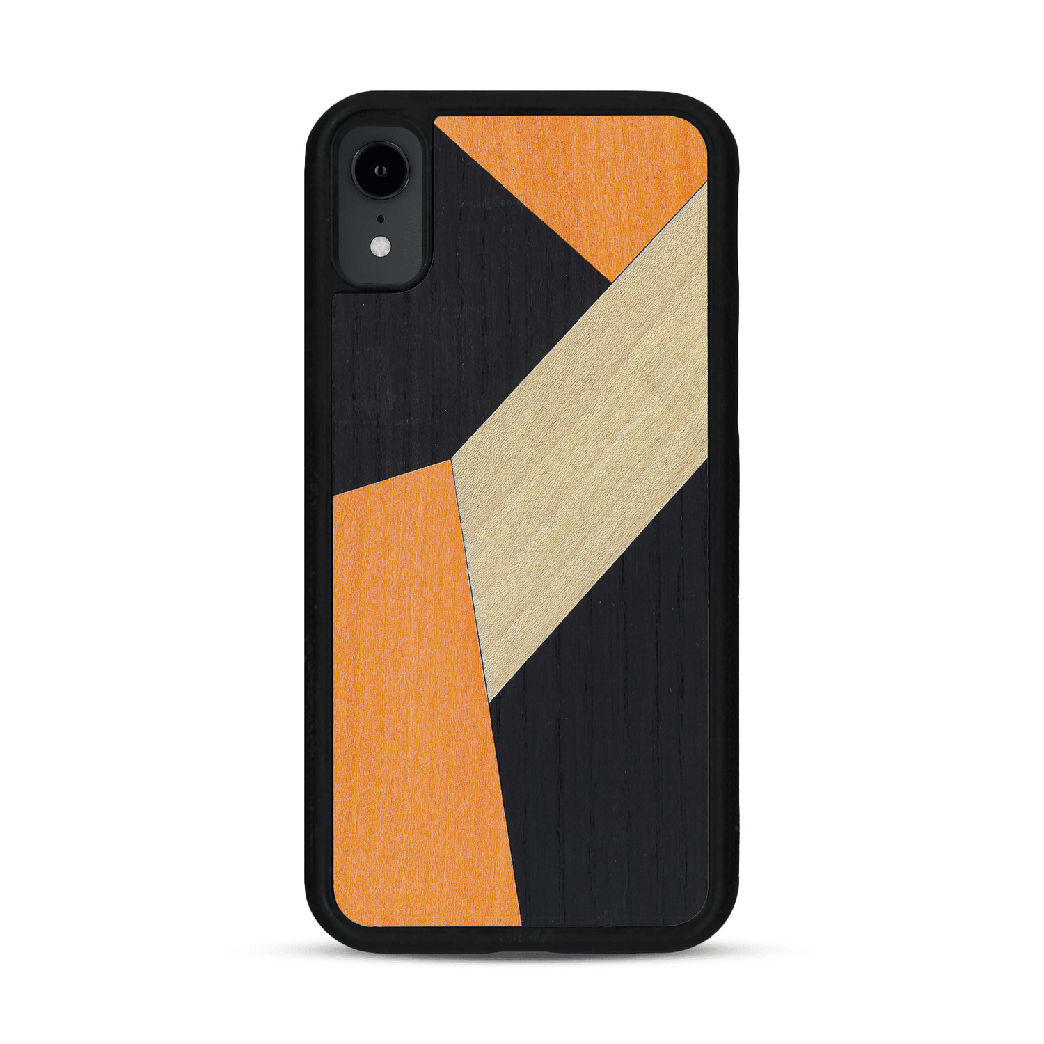 Coque de protection en bois véritable fabriquée en France pour  alliant du bambou, du tulipier orange et noir en forme de mosaïque minimaliste sur le thème de l'art abstrait