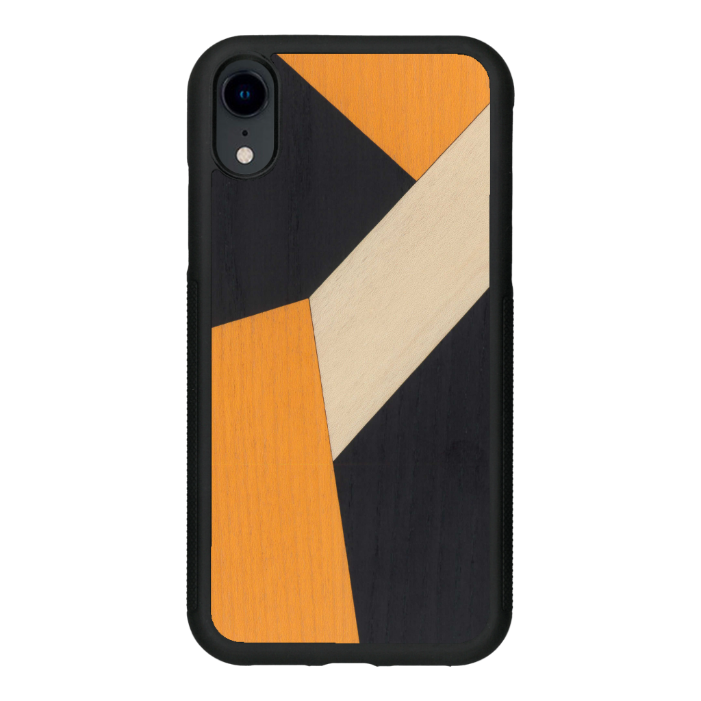 Coque de protection en bois véritable fabriquée en France pour iPhone XR alliant du bambou, du tulipier orange et noir en forme de mosaïque minimaliste sur le thème de l'art abstrait