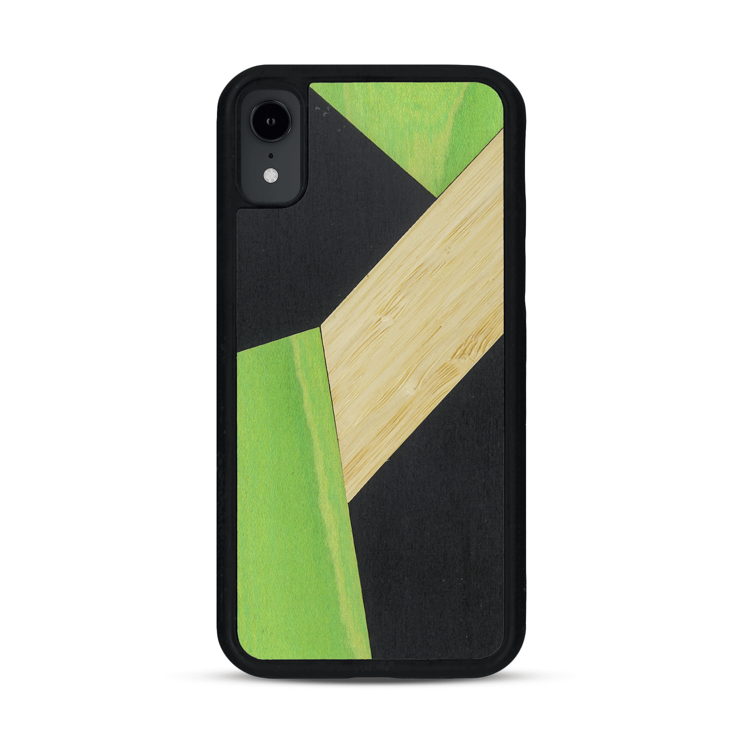 Coque de protection en bois véritable fabriquée en France pour  alliant du bambou, du tulipier vert et noir en forme de mosaïque minimaliste sur le thème de l'art abstrait