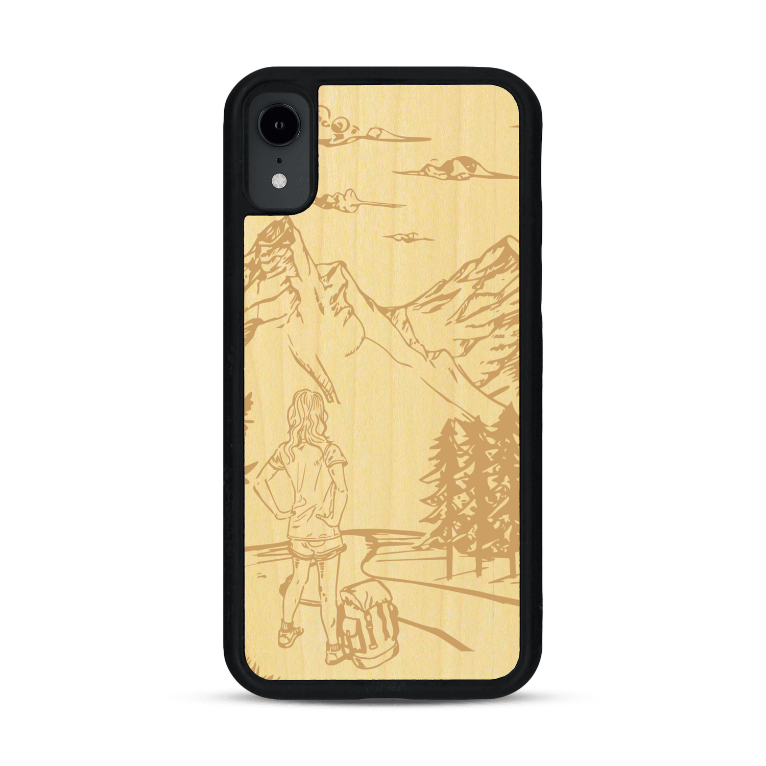Coque de protection en bois véritable fabriquée en France pour  sur le thème de la randonnée en montagne et de l'aventure avec une gravure représentant une femme de dos face à un paysage de nature
