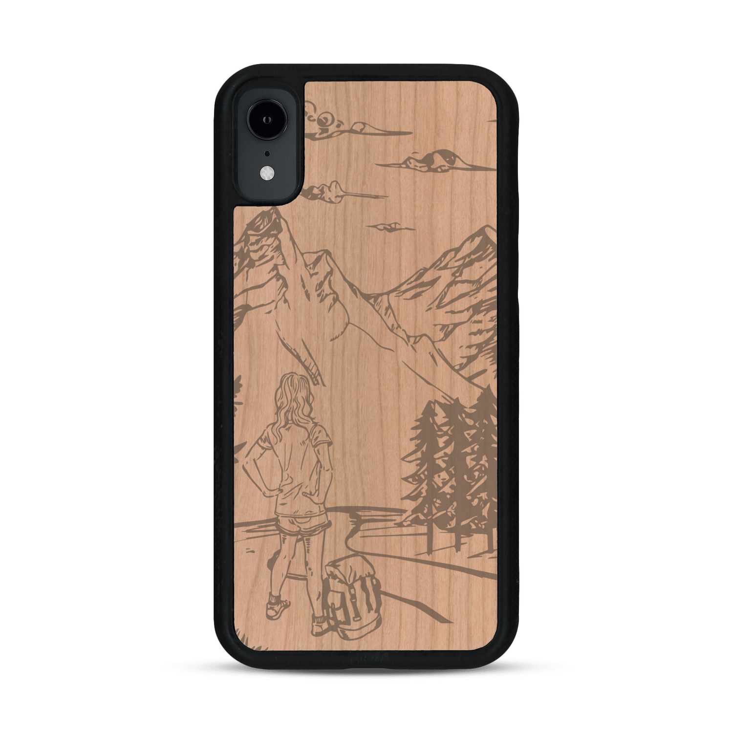Coque de protection en bois véritable fabriquée en France pour  sur le thème de la randonnée en montagne et de l'aventure avec une gravure représentant une femme de dos face à un paysage de nature