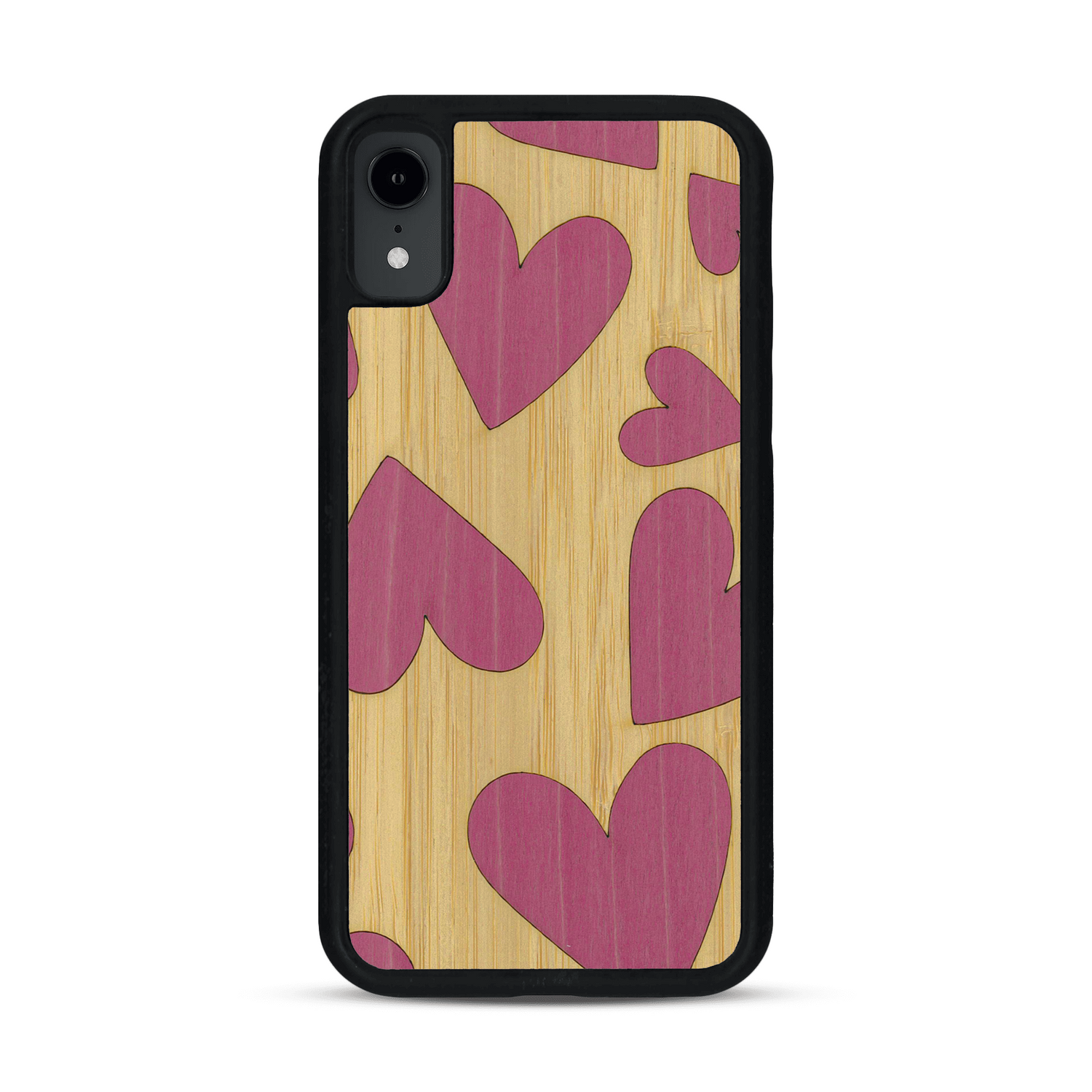 Coque de protection en bois véritable fabriquée en France pour  alliant plusieurs essences de bois pour représenter des coeurs pour les amoureux
