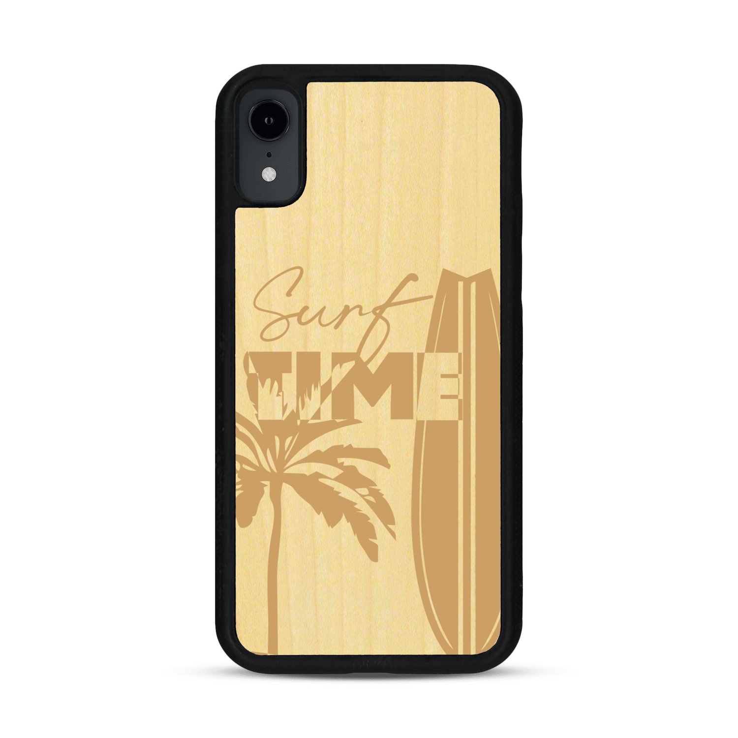 Coque de protection en bois véritable fabriquée en France pour  sur le thème chill avec un motif représentant une silouhette tenant une planche de surf sur une plage entouré de palmiers et les mots "Surf Time Long Beach Miami"