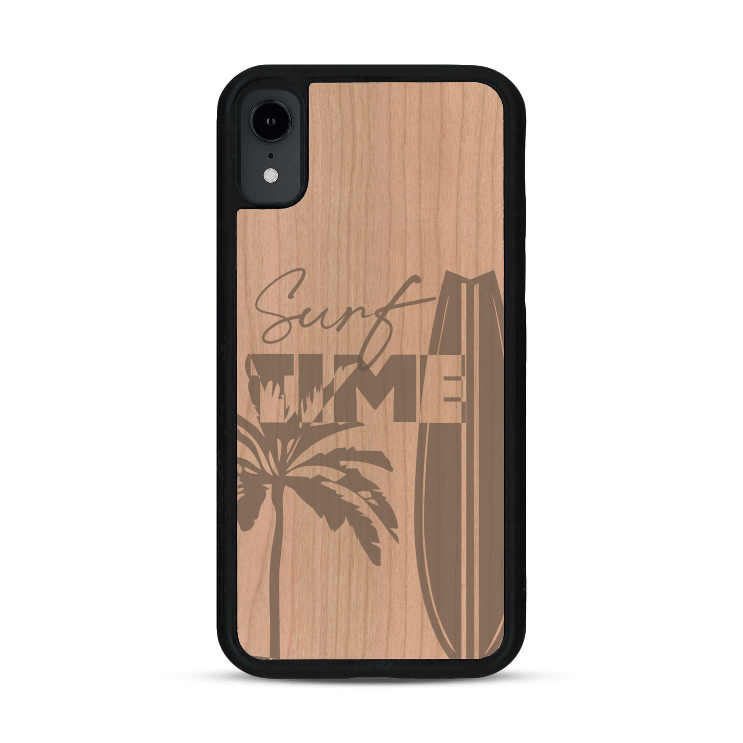 Coque de protection en bois véritable fabriquée en France pour  sur le thème chill avec un motif représentant une silouhette tenant une planche de surf sur une plage entouré de palmiers et les mots "Surf Time Long Beach Miami"
