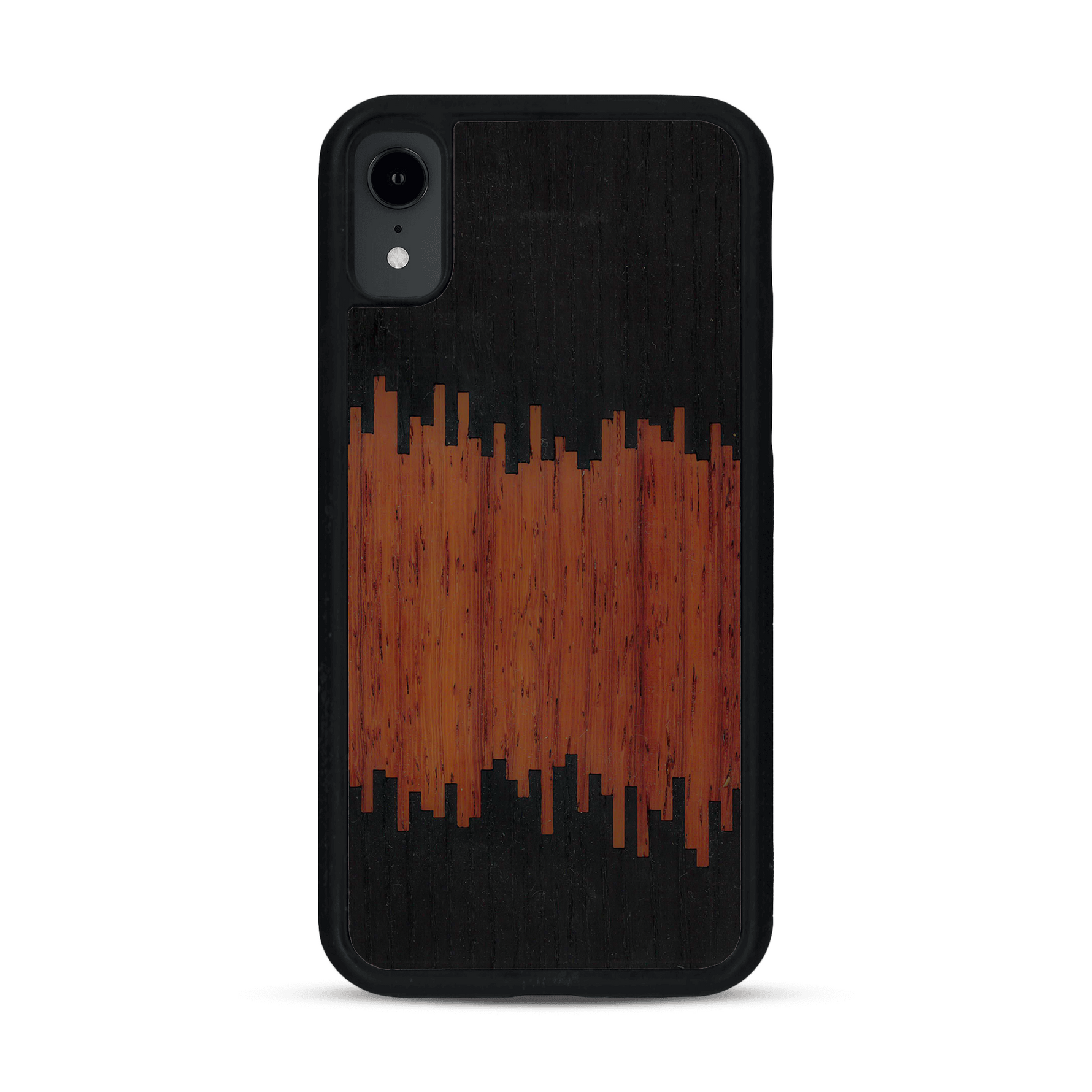 Coque de protection en bois véritable fabriquée en France pour  alliant plusieurs essences de bois pour représenter du magma en fusion