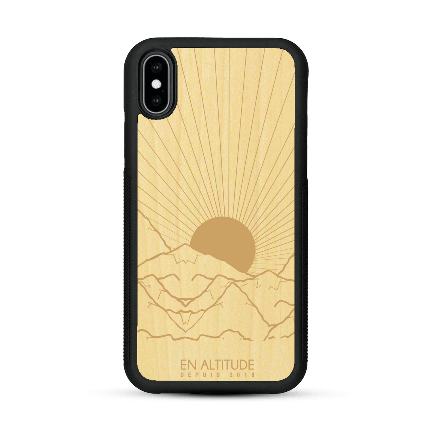 Coque de protection en bois véritable fabriquée en France pour  représentant des montagnes, sur le thème de la randonnée en pleine nature et du trail