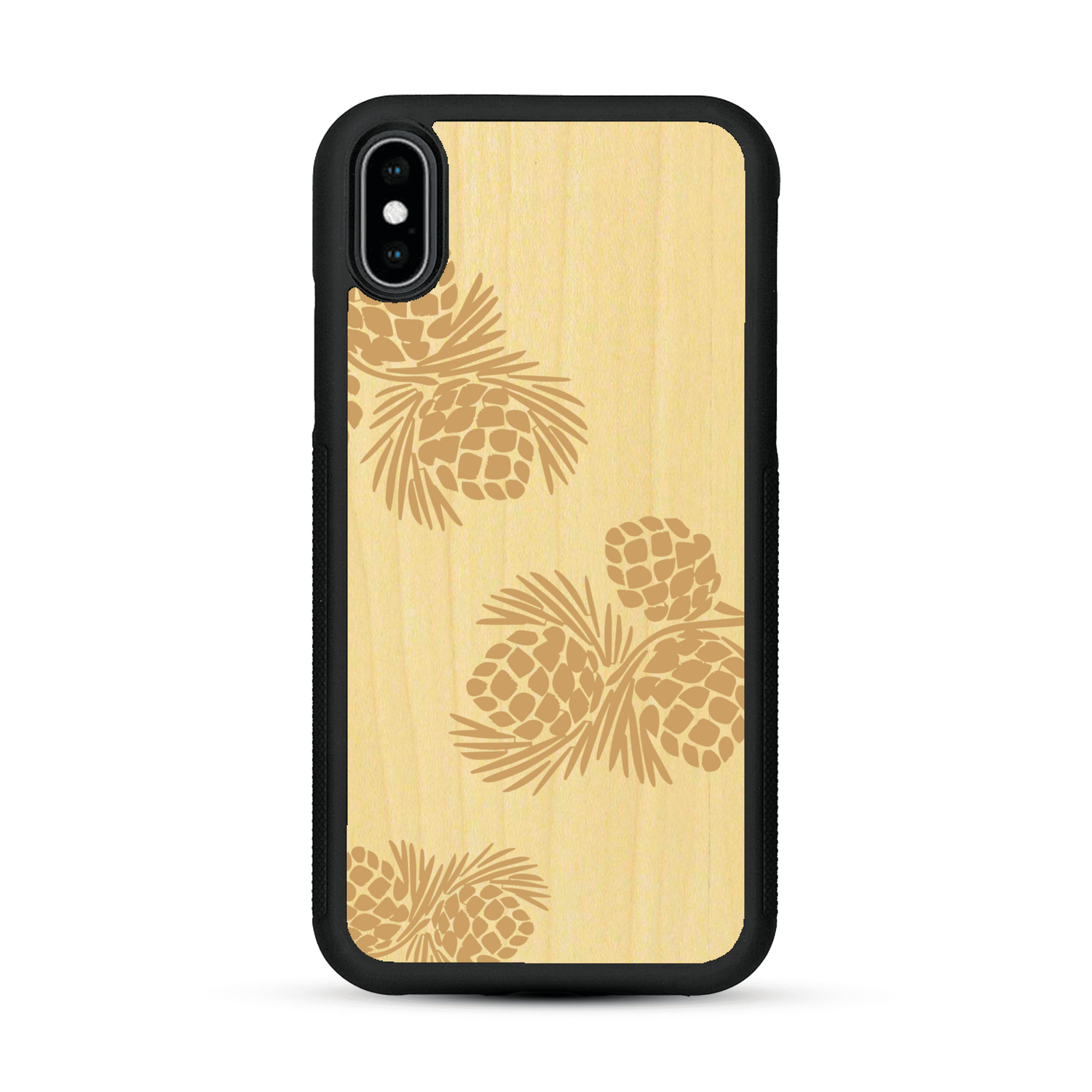 Coque de protection en bois véritable fabriquée en France pour  sur le thème de la nature des arbres avec un motif de gravure représentant des épines de sapin et des pommes de pin