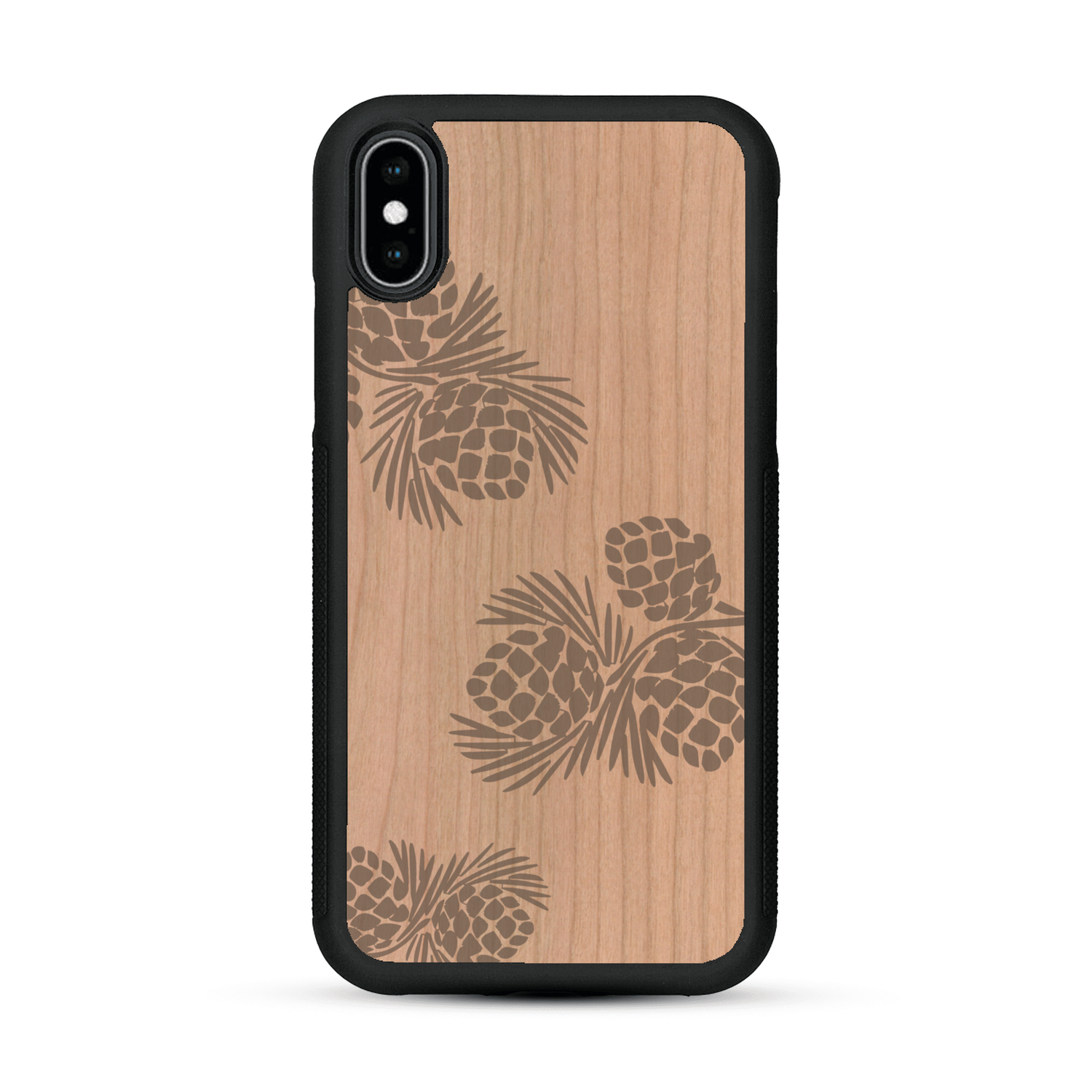 Coque de protection en bois véritable fabriquée en France pour  sur le thème de la nature des arbres avec un motif de gravure représentant des épines de sapin et des pommes de pin