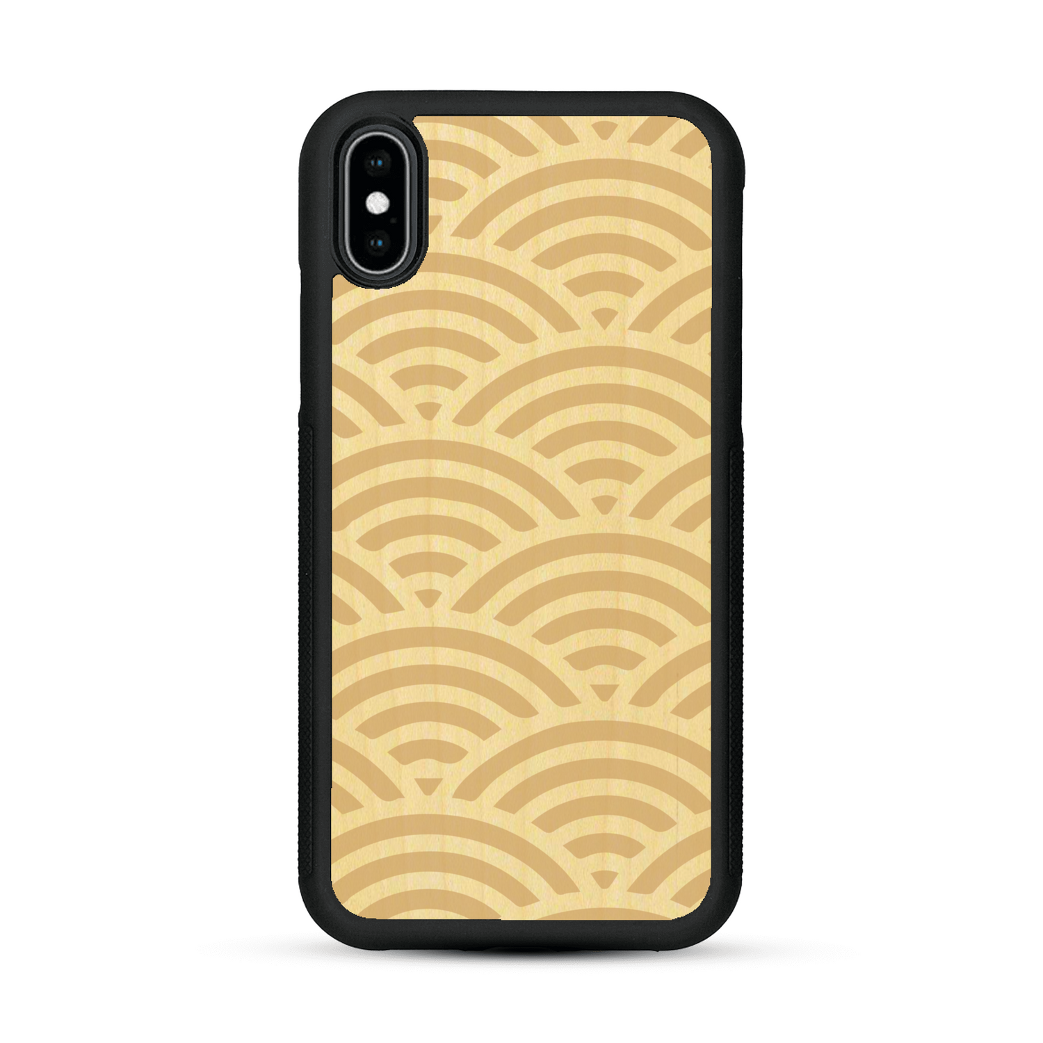 Coque de protection en bois véritable fabriquée en France pour  baptisée "La Sinjak" avec un motif de gravure abstrait représentant la répétition d'un symbole wifi