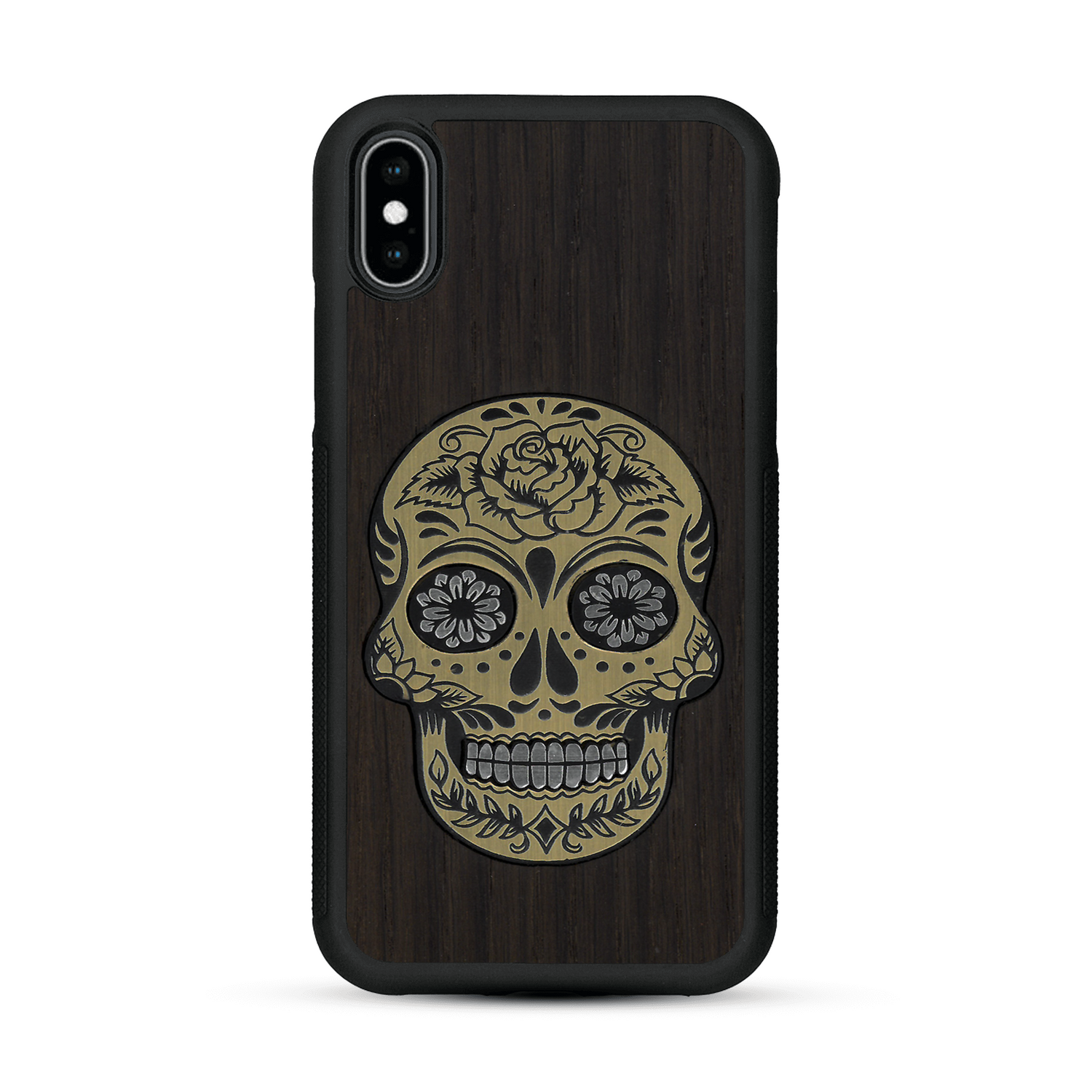 Coque de protection en bois véritable fabriquée en France pour  alliant du chêne fumé avec du métal argenté et doré représentant une tête de mort mexicaine sur le thème Dia de los Muertos