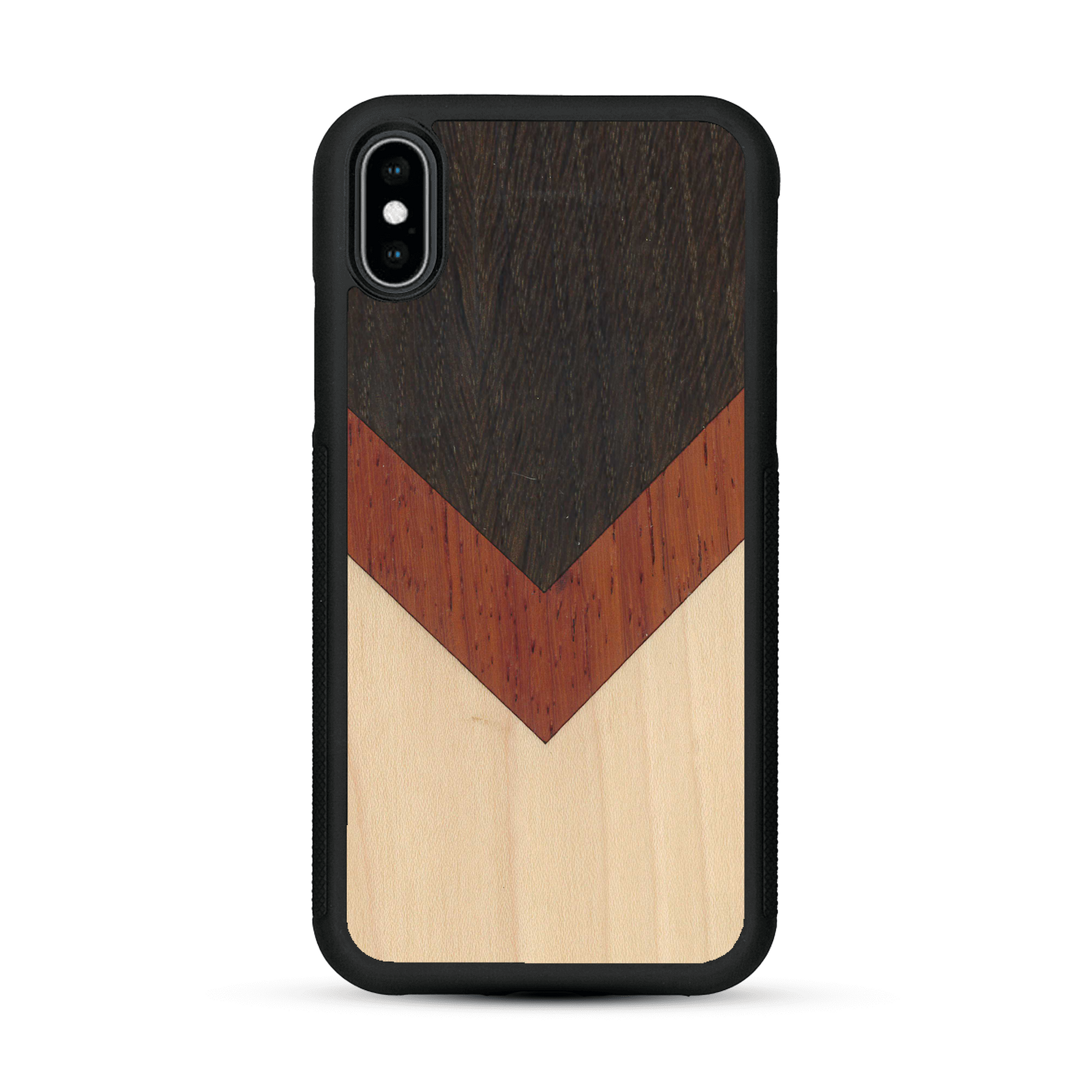 Coque de protection en bois véritable fabriquée en France pour  alliant du chêne fumé, du padouk et du bambou en forme de chevron sur le thème de l'art abstrait