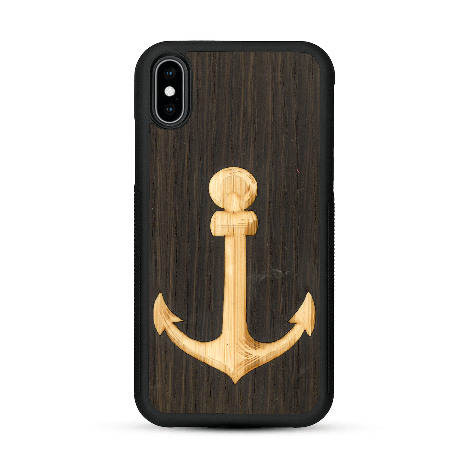 Coque de protection en bois véritable fabriquée en France pour  sur le thème nautique avec un bois clair et un bois foncé représentant une ancre de bateau