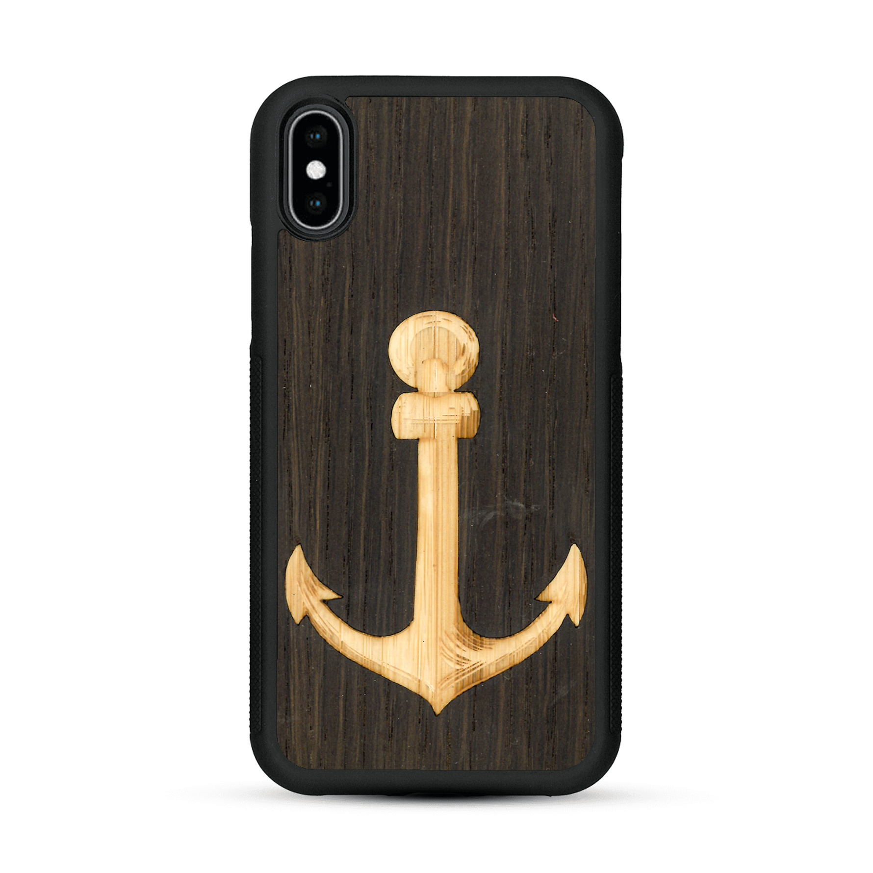 Coque de protection en bois véritable fabriquée en France pour  sur le thème nautique avec un bois clair et un bois foncé représentant une ancre de bateau
