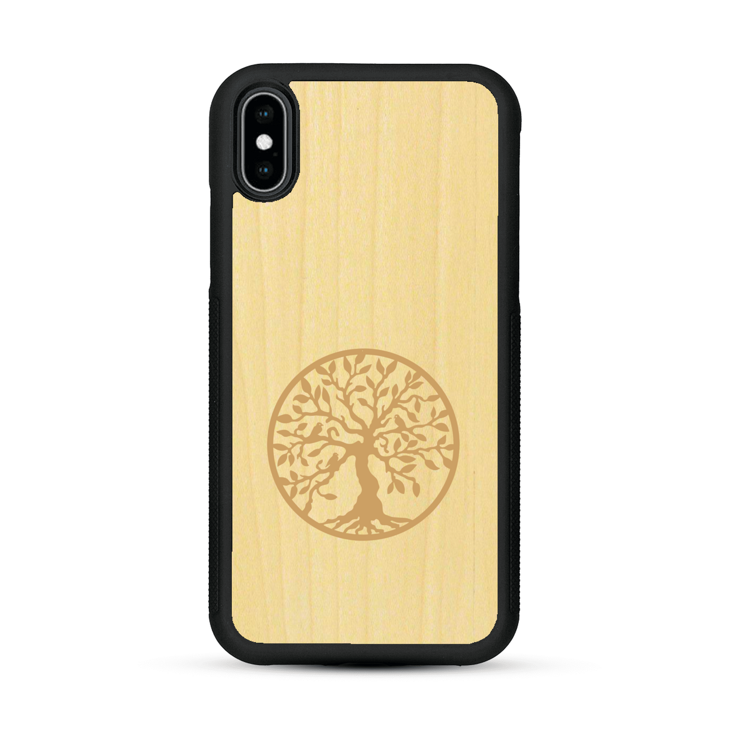 Coque de protection en bois véritable fabriquée en France pour  sur le thème de la spiritualité et du yoga avec une gravure zen représentant un arbre de vie