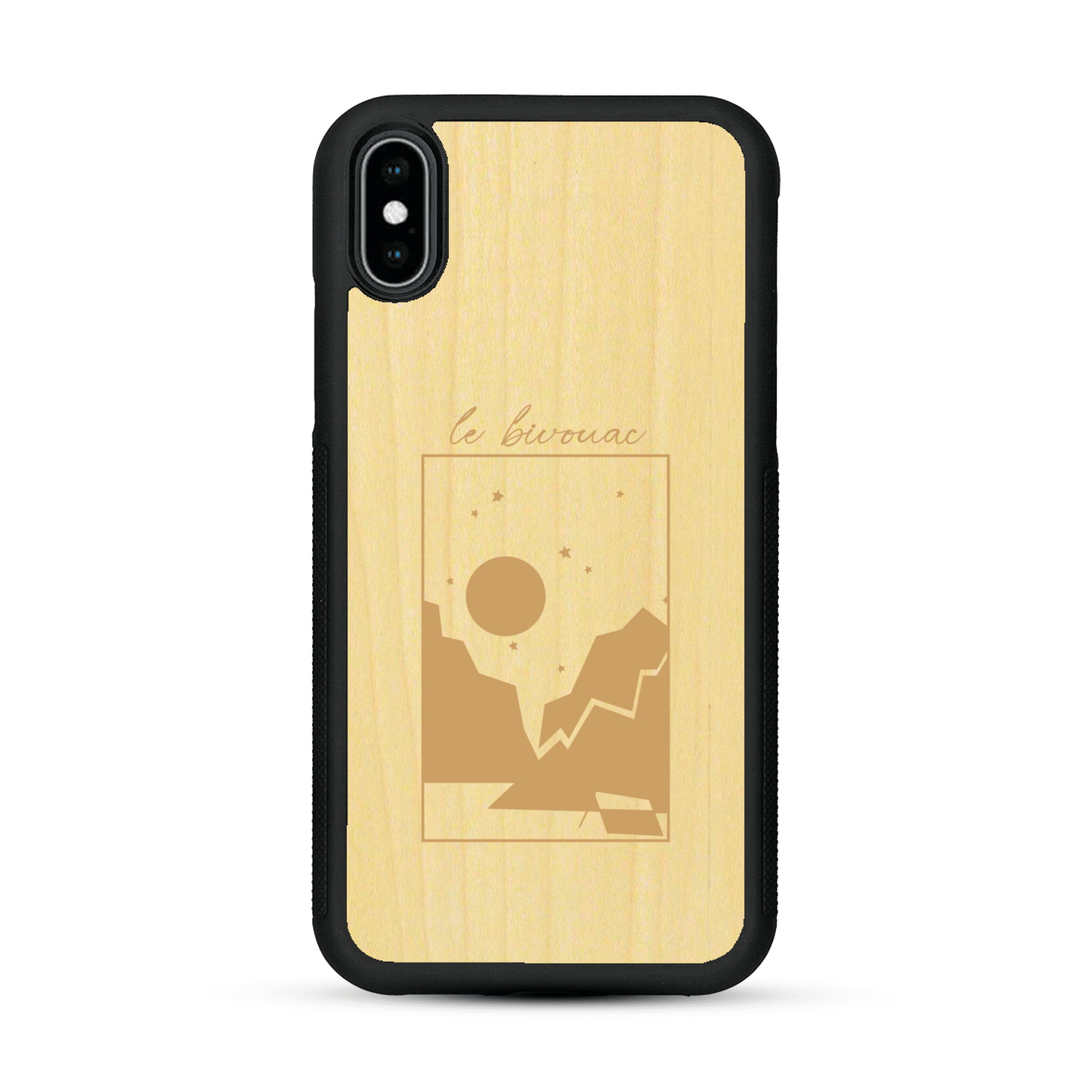 Coque de protection en bois véritable fabriquée en France pour  sur le thème du camping en pleine nature et du bivouac avec la phrase "Aventure is out there"