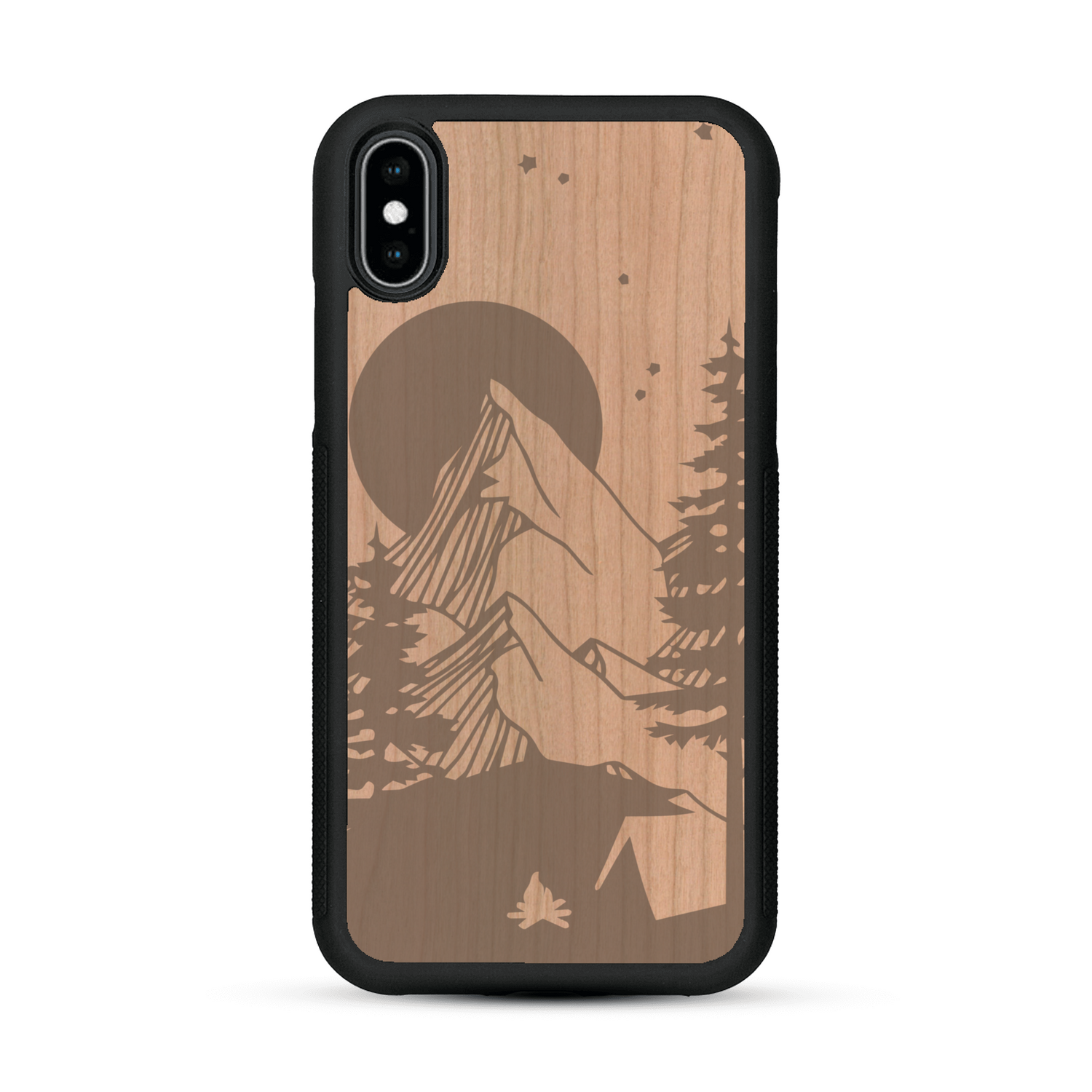 Coque de protection en bois véritable fabriquée en France pour  sur le thème du camping en pleine nature représentant une tente avec un feu de camp entouré de montagnes