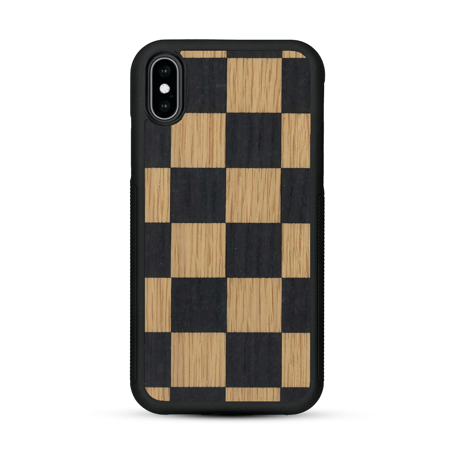 Coque de protection en bois véritable fabriquée en France pour  alliant plusieurs essences de bois pour représenter un damier