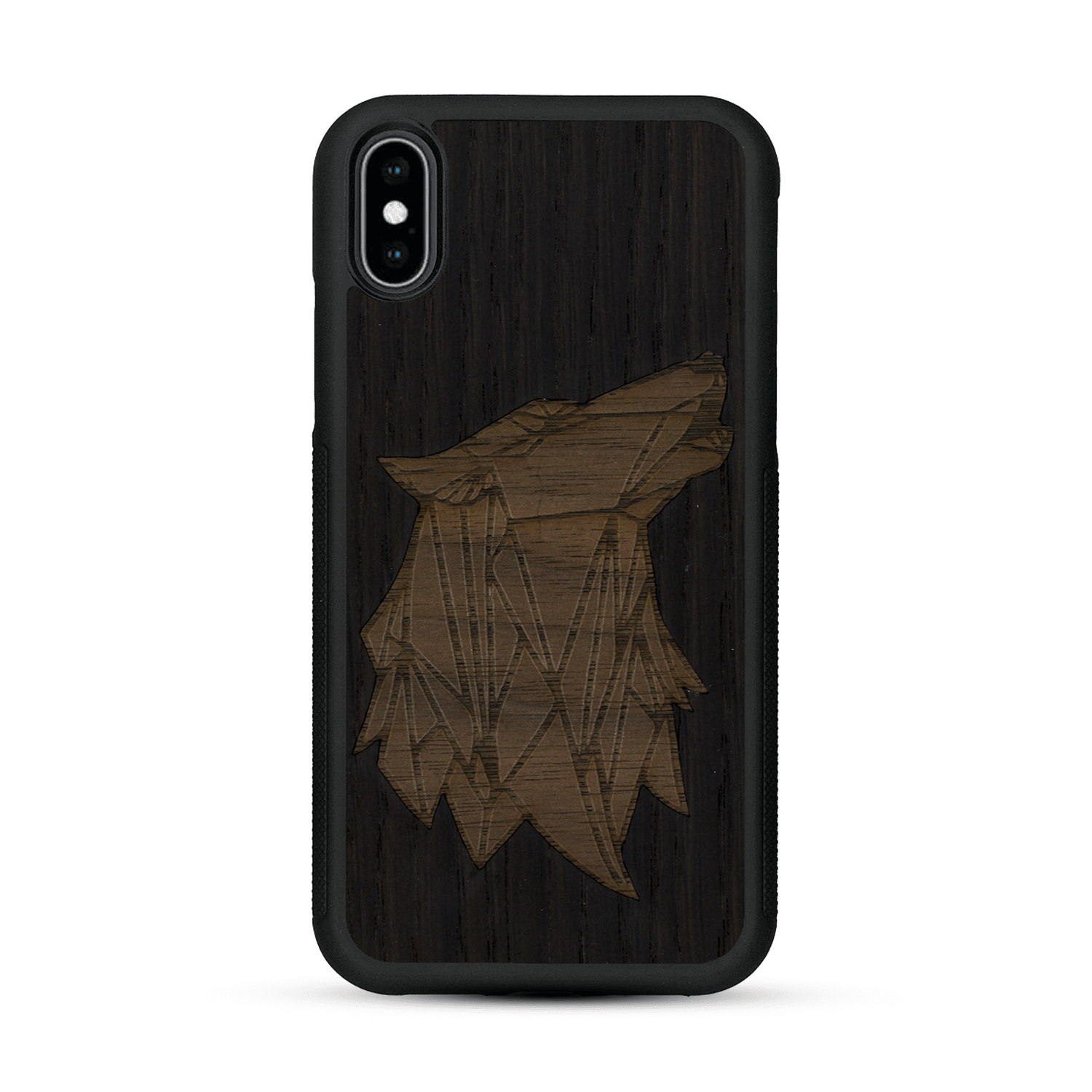 Coque de protection en bois véritable fabriquée en France pour  alliant du chêne fumé et du noyer représentant une tête de loup géométrique de profil sur le thème des animaux et de la nature