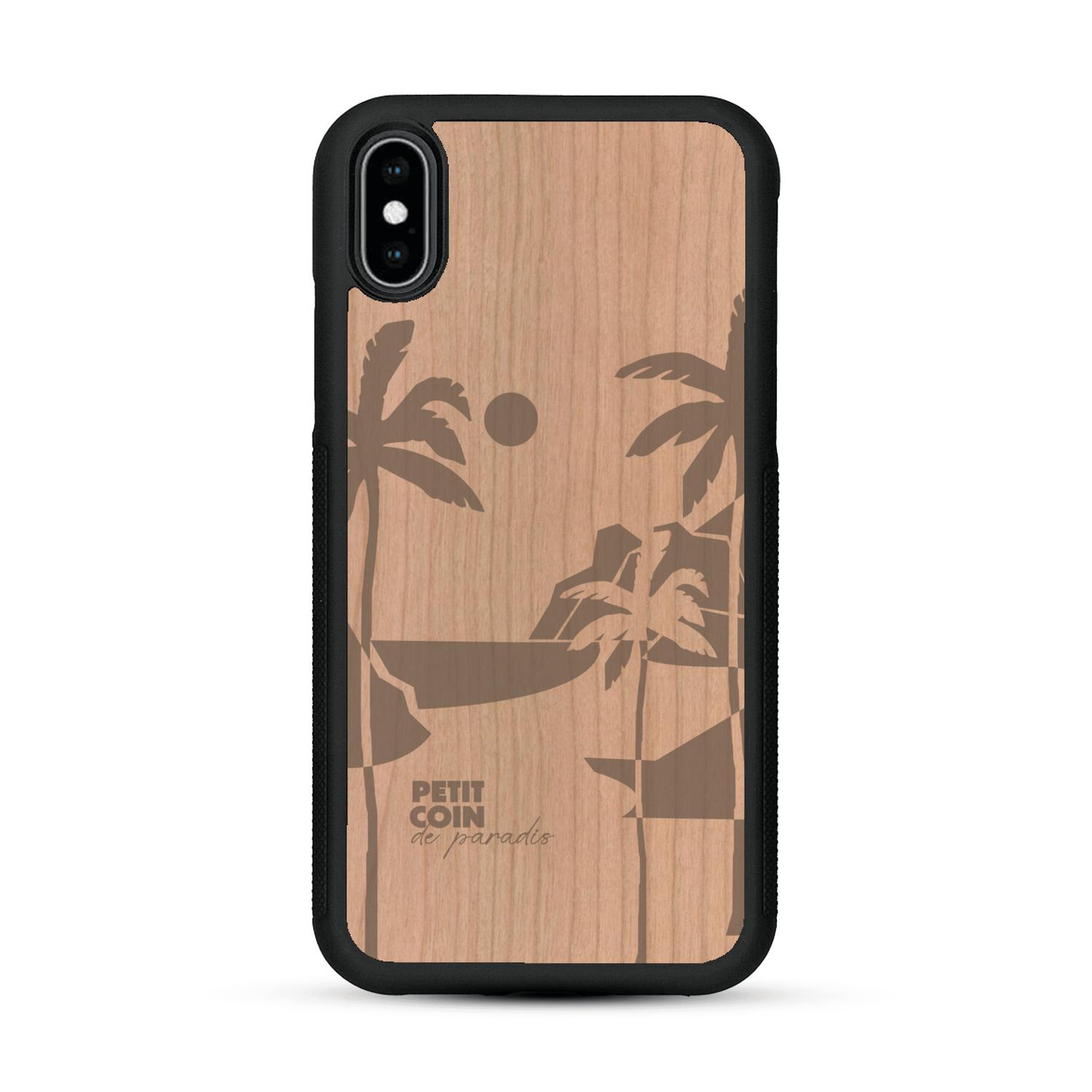 Coque de protection en bois véritable fabriquée en France pour  sur le thème des voyages en vans, vanlife et chill avec une gravure représentant un van vw combi devant le soleil couchant sur une plage avec des vagues
