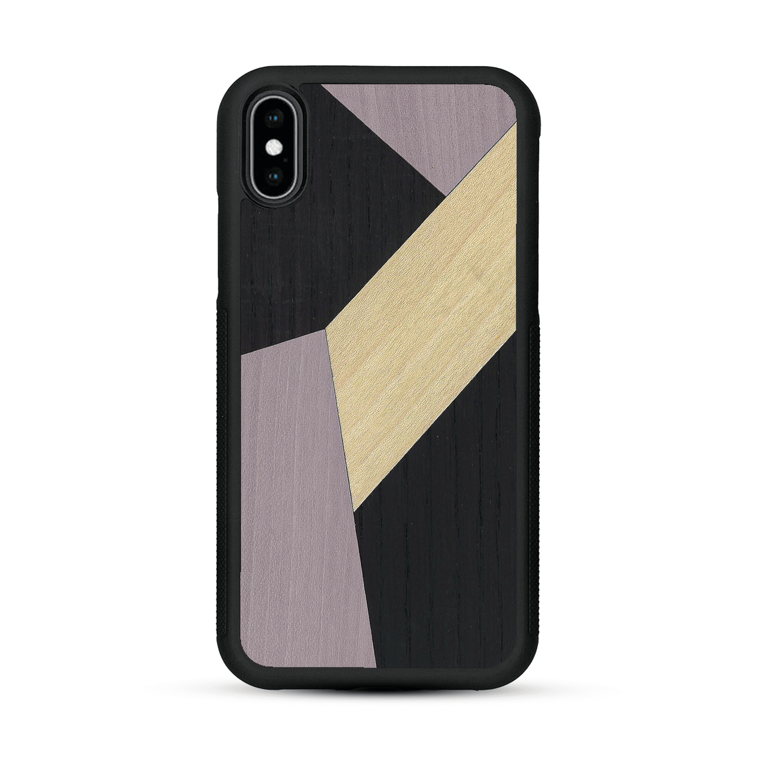 Coque de protection en bois véritable fabriquée en France pour  alliant du bambou, du tulipier mauve et noir en forme de mosaïque minimaliste sur le thème de l'art abstrait