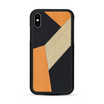 Coque de protection en bois véritable fabriquée en France pour  alliant du bambou, du tulipier orange et noir en forme de mosaïque minimaliste sur le thème de l'art abstrait