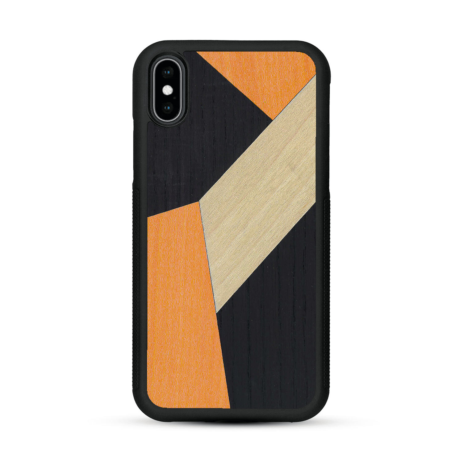 Coque de protection en bois véritable fabriquée en France pour  alliant du bambou, du tulipier orange et noir en forme de mosaïque minimaliste sur le thème de l'art abstrait