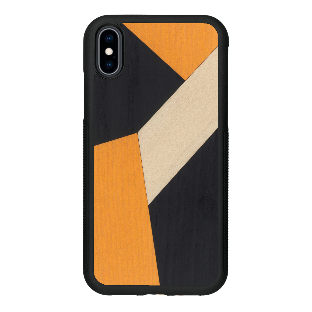 Coque de protection en bois véritable fabriquée en France pour iPhone XS alliant du bambou, du tulipier orange et noir en forme de mosaïque minimaliste sur le thème de l'art abstrait