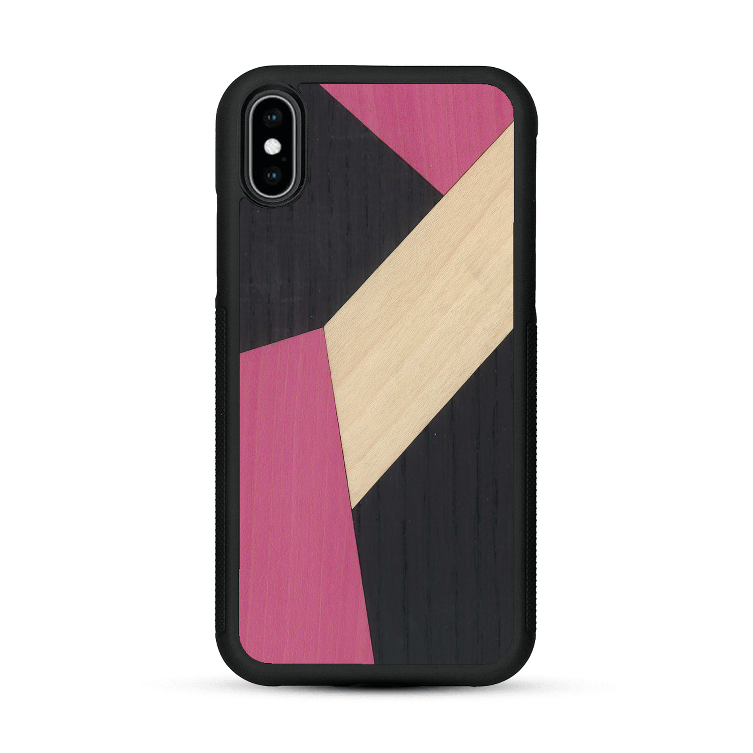 Coque de protection en bois véritable fabriquée en France pour  alliant du bambou, du tulipier rose et noir en forme de mosaïque minimaliste sur le thème de l'art abstrait